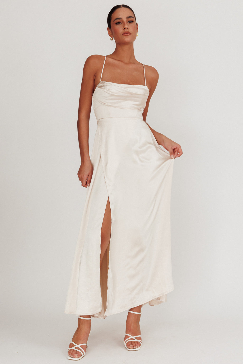 Inner Light Gathered Bust Split Maxi Dress Champagne by Selfie Leslie Australia