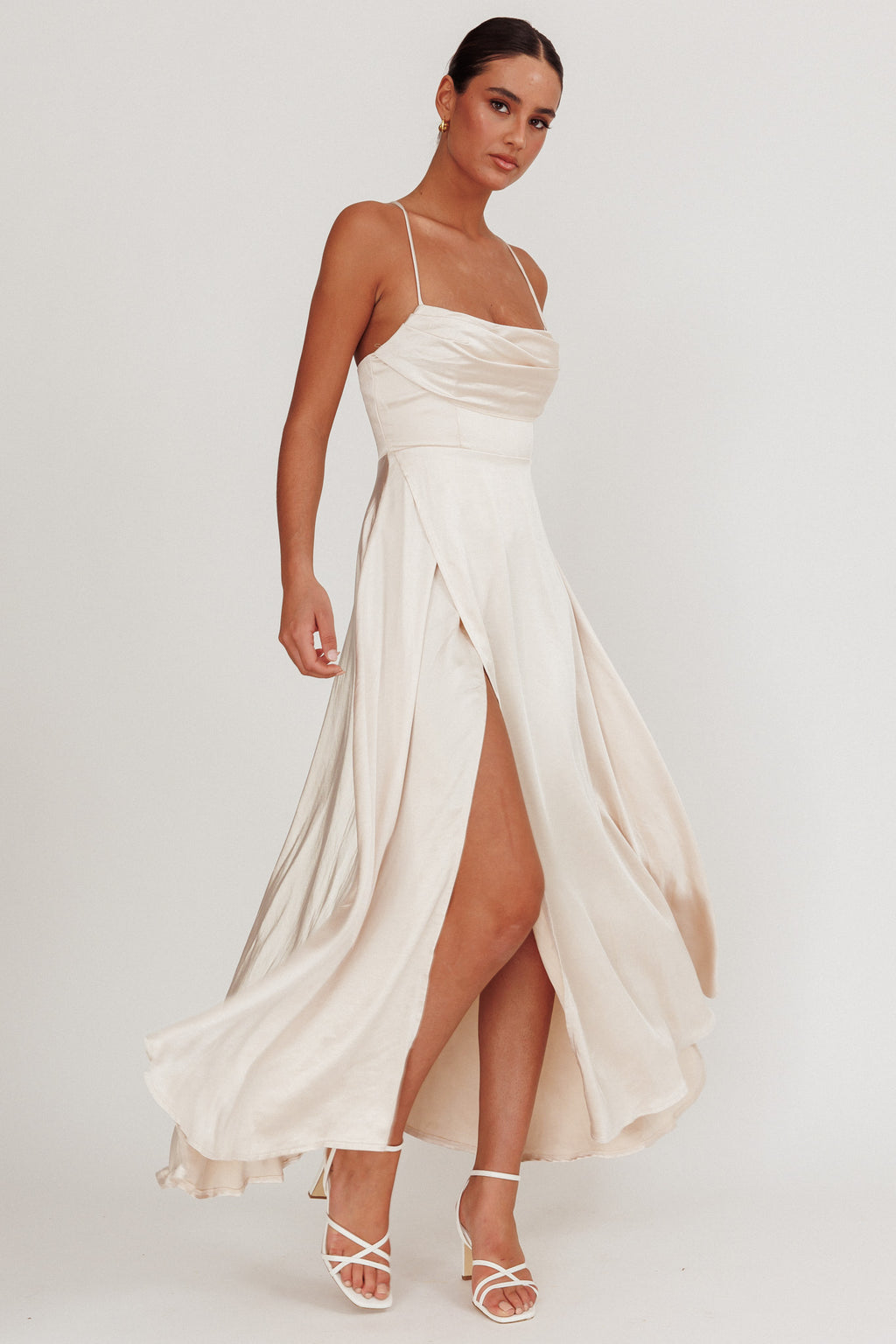 Inner Light Gathered Bust Split Maxi Dress Champagne by Selfie Leslie Australia
