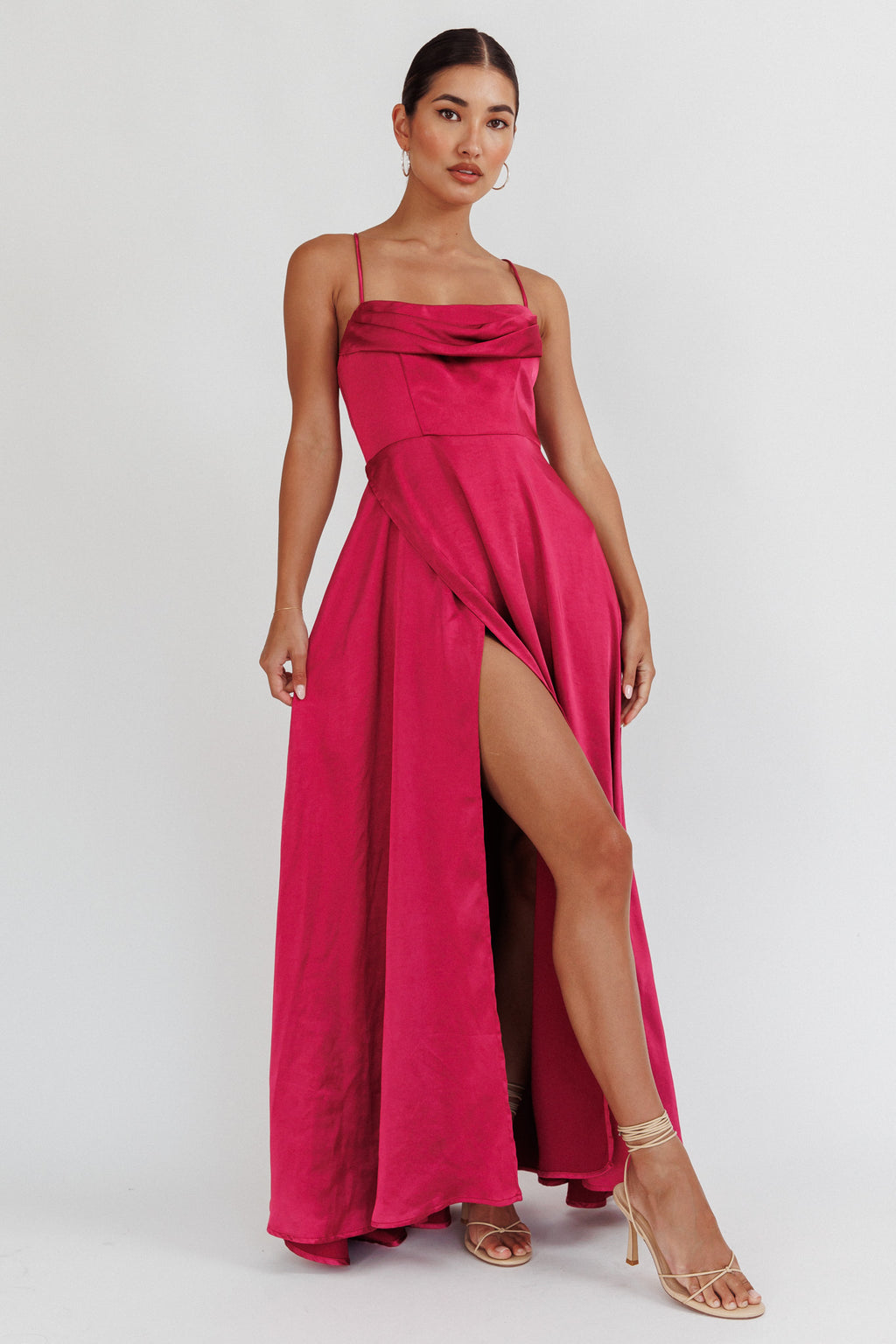 Inner Light Gathered Bust Split Maxi Dress Wine by Selfie Leslie Australia