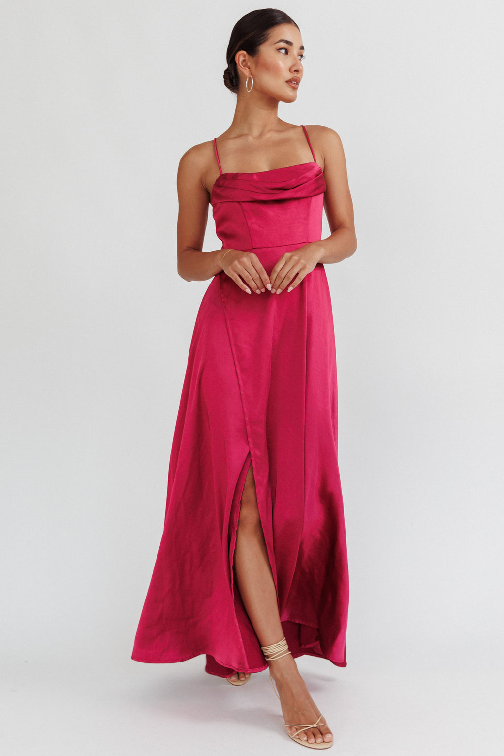 Inner Light Gathered Bust Split Maxi Dress Wine by Selfie Leslie Australia