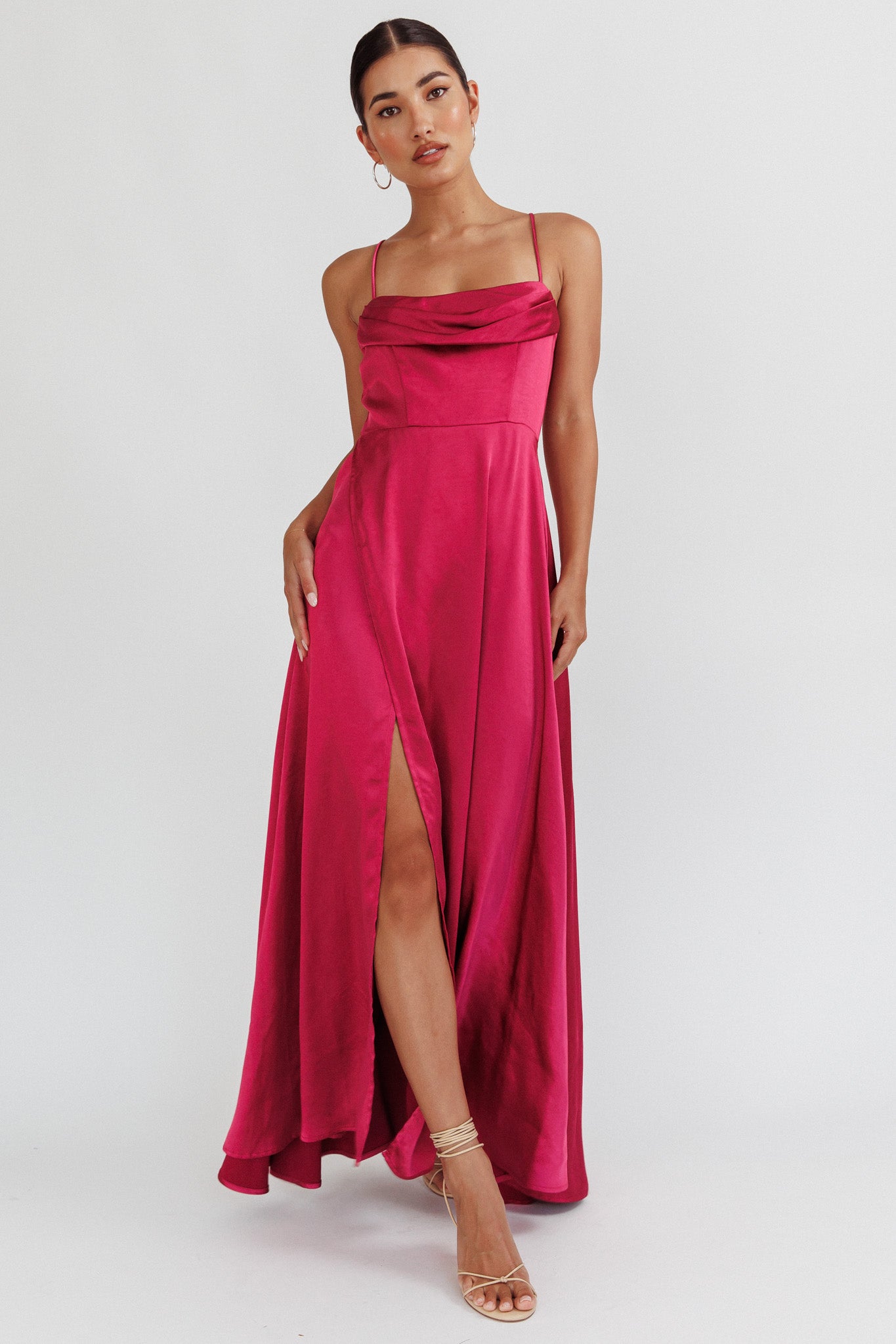 Inner Light Gathered Bust Split Maxi Dress Wine by Selfie Leslie Australia