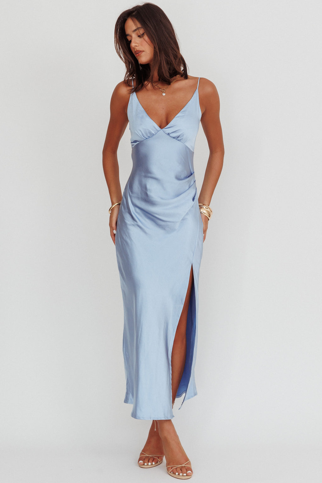 Marlie Side Pleat Maxi Dress Blue by Selfie Leslie Australia