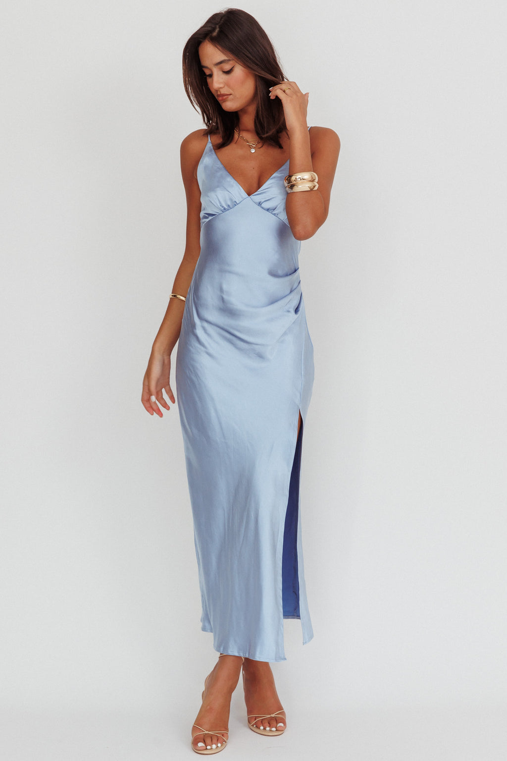 Marlie Side Pleat Maxi Dress Blue by Selfie Leslie Australia
