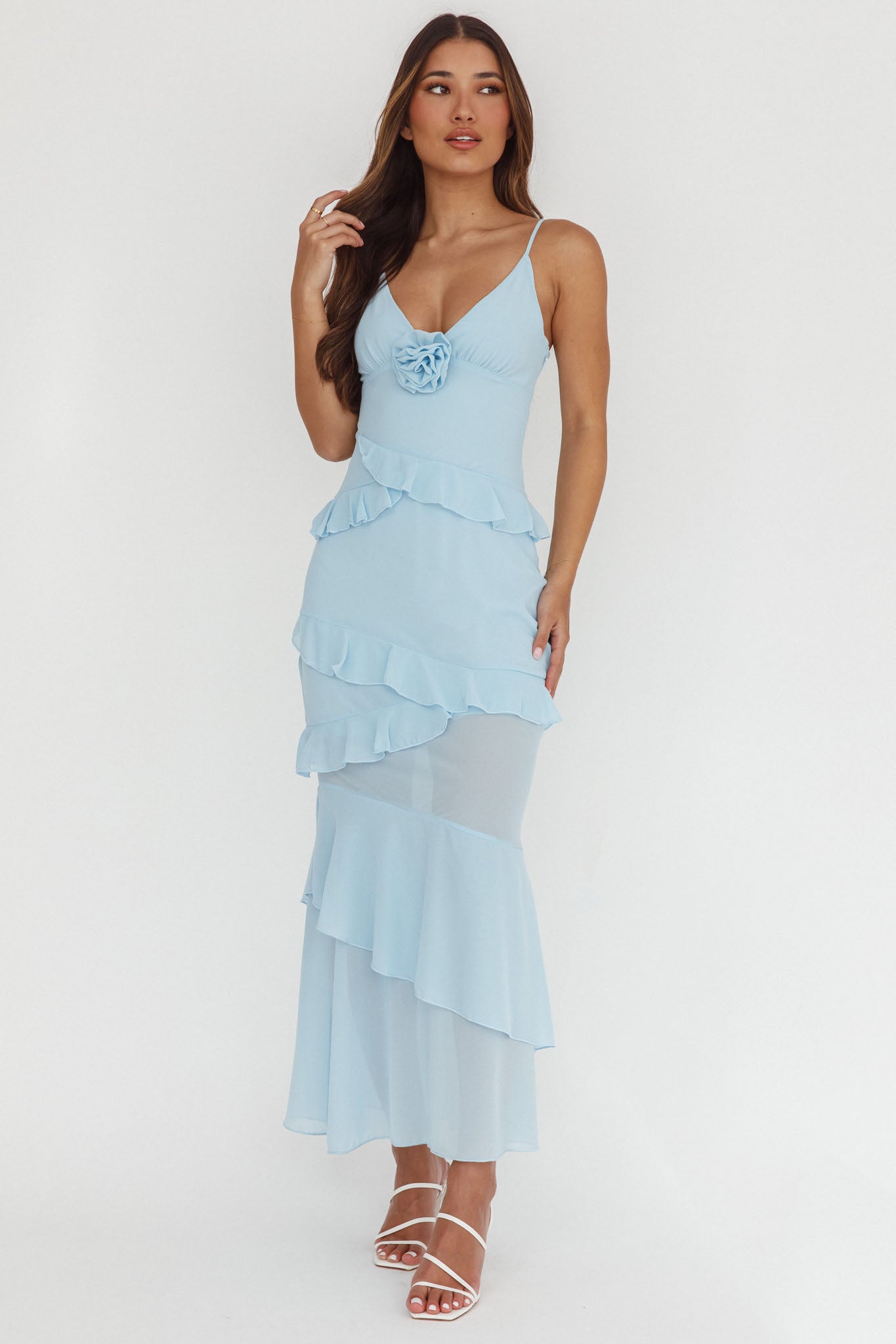 Marlie Frill Trim Rosette Maxi Dress Blue by Selfie Leslie Australia