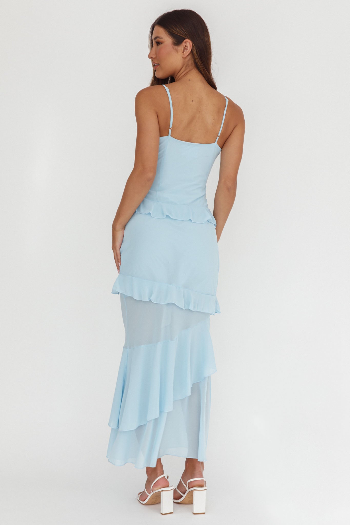 Marlie Frill Trim Rosette Maxi Dress Blue by Selfie Leslie Australia
