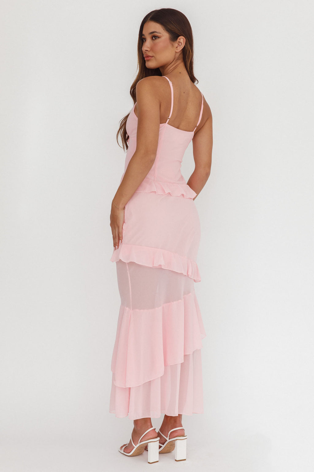 Marlie Frill Trim Rosette Maxi Dress Blush by Selfie Leslie Australia