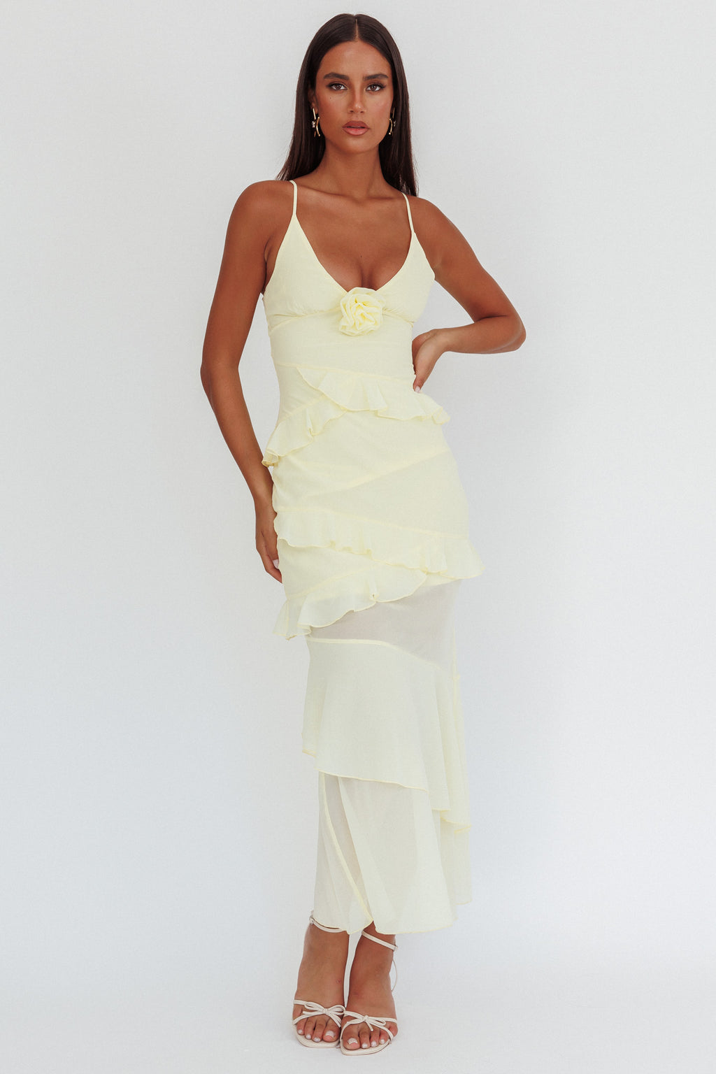 Marlie Frill Trim Rosette Maxi Dress Butter by Selfie Leslie Australia