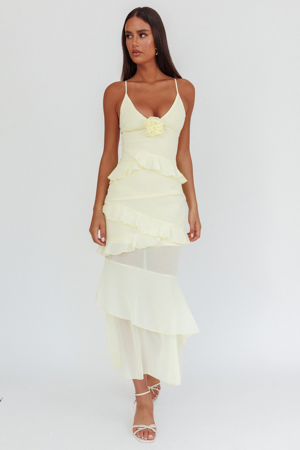 Marlie Frill Trim Rosette Maxi Dress Butter by Selfie Leslie Australia