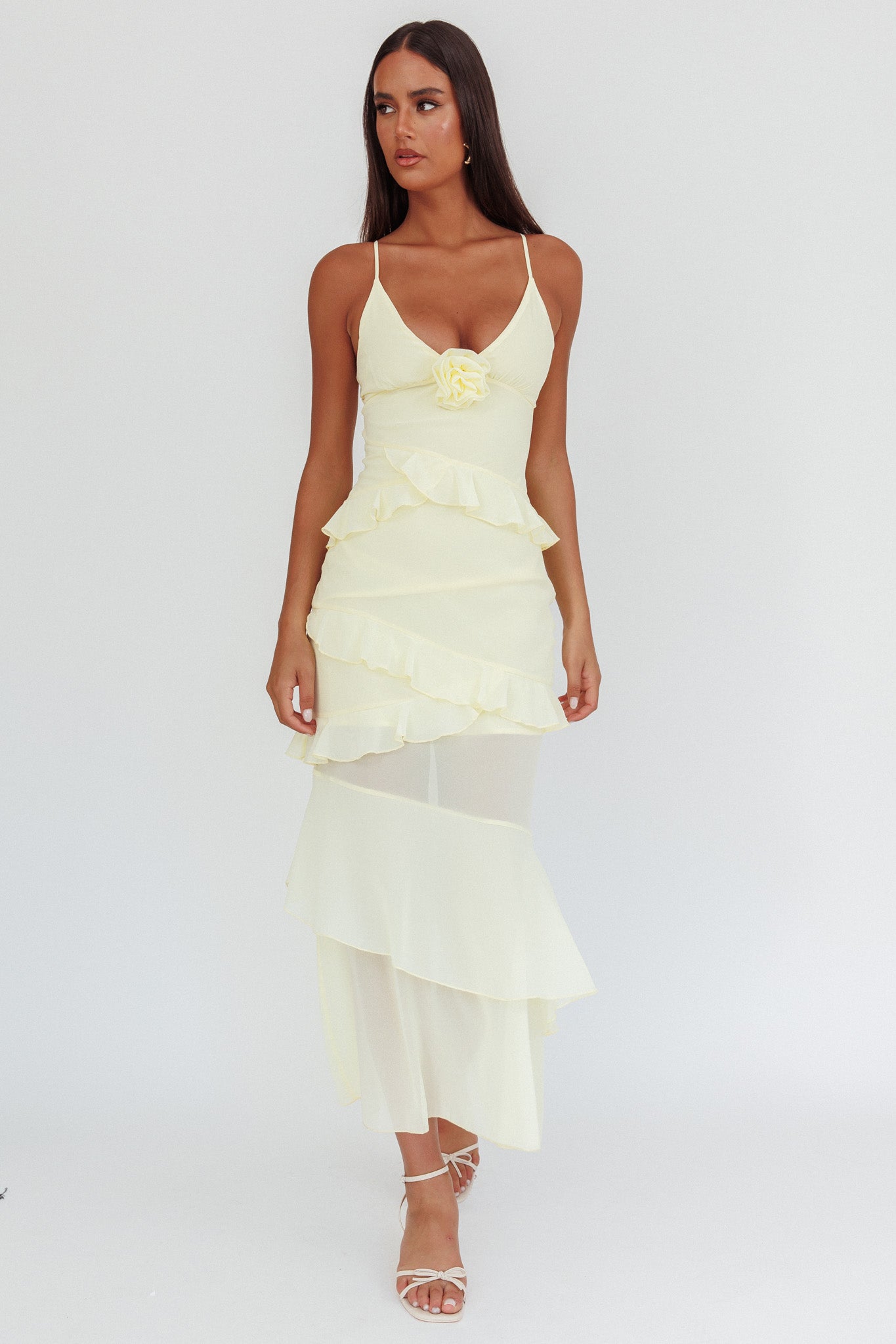 Marlie Frill Trim Rosette Maxi Dress Butter by Selfie Leslie Australia