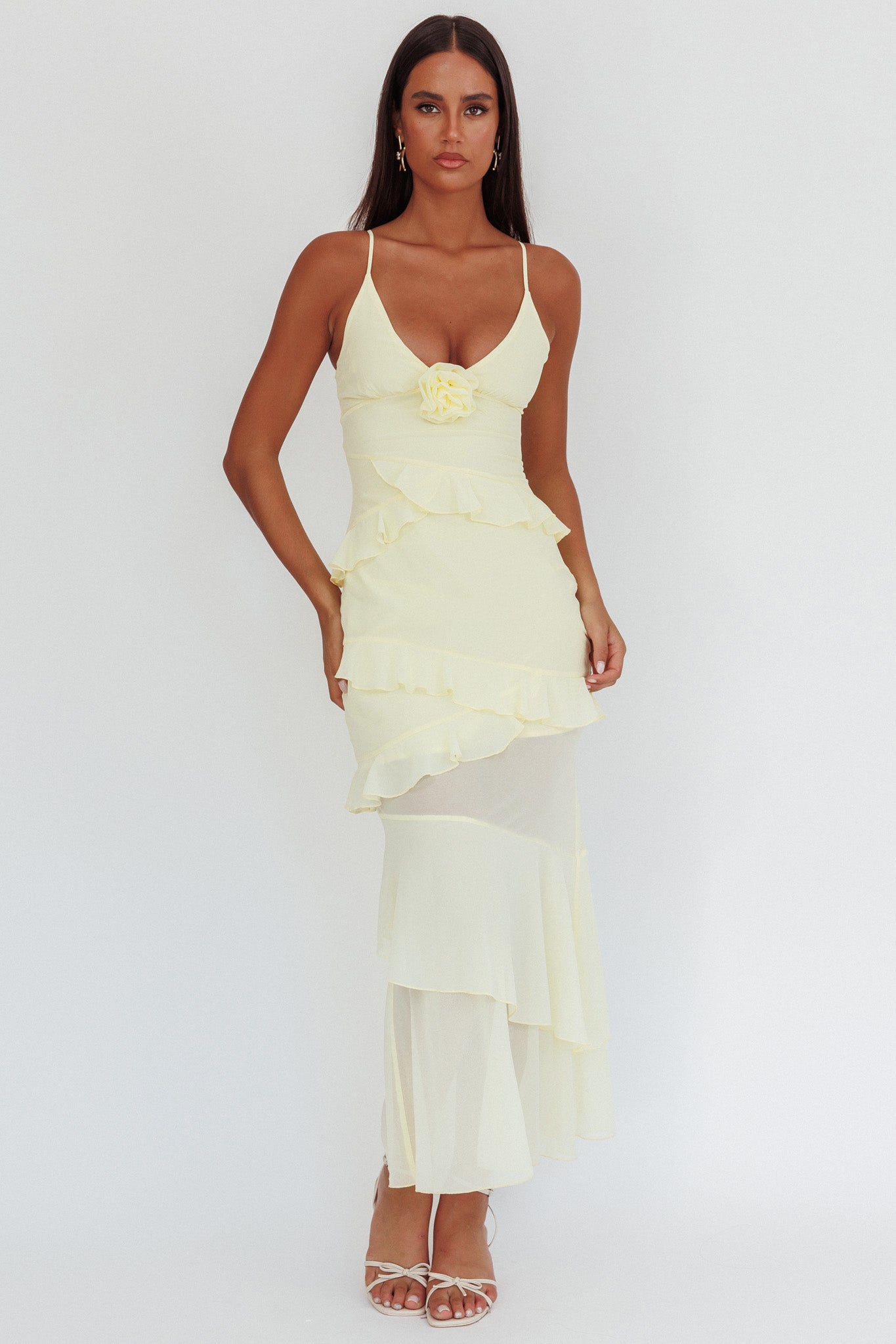 Marlie Frill Trim Rosette Maxi Dress Butter by Selfie Leslie Australia
