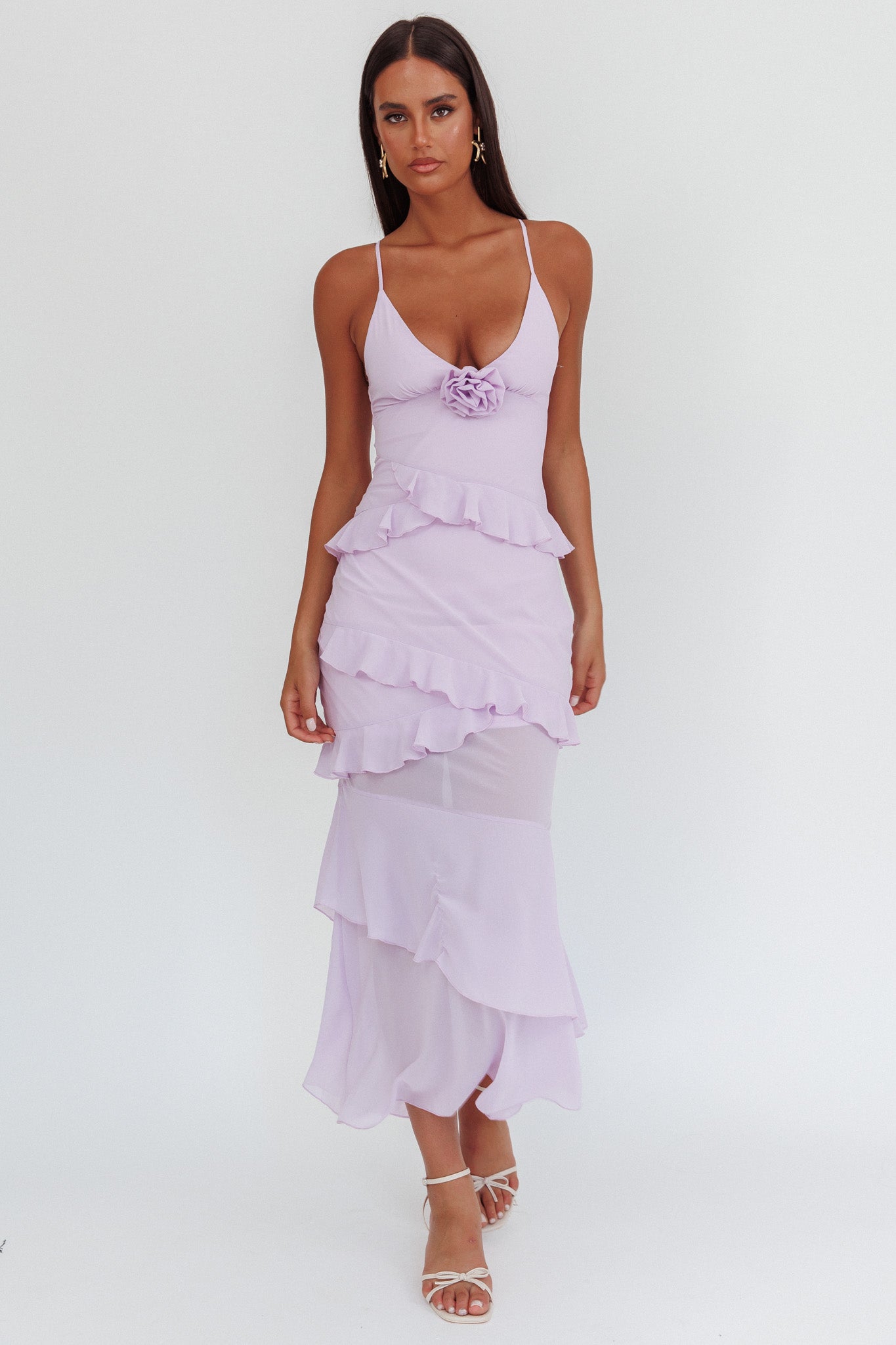 Marlie Frill Trim Rosette Maxi Dress Lilac by Selfie Leslie Australia