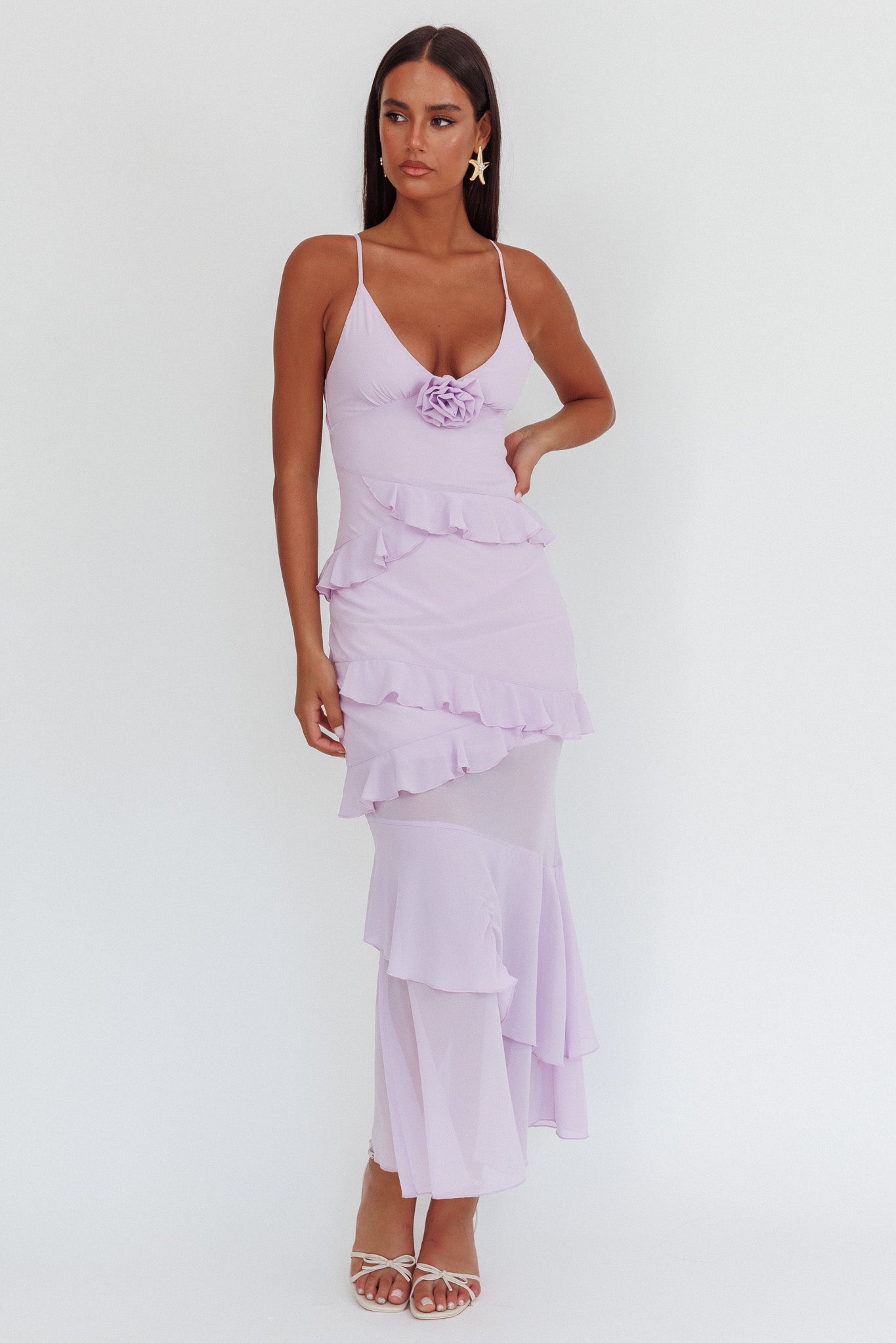 Marlie Frill Trim Rosette Maxi Dress Lilac by Selfie Leslie Australia