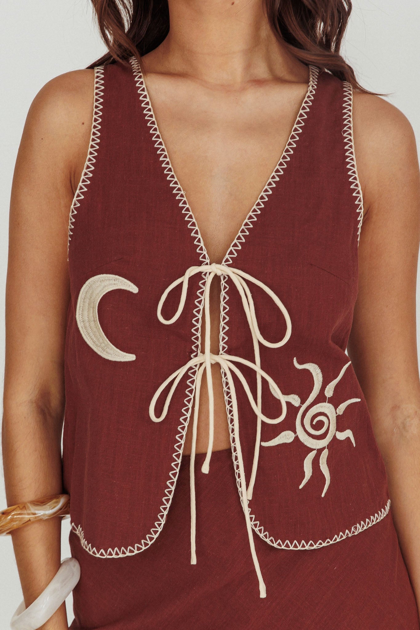 Dose Of Sunshine Blanket Stitch Vest Top Chocolate by Selfie Leslie Australia