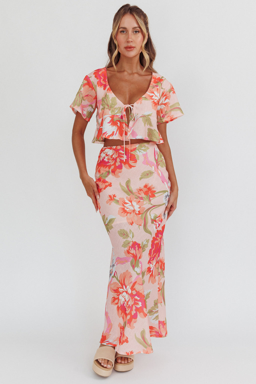 La Vie Floral Maxi Skirt Peach by Selfie Leslie Australia