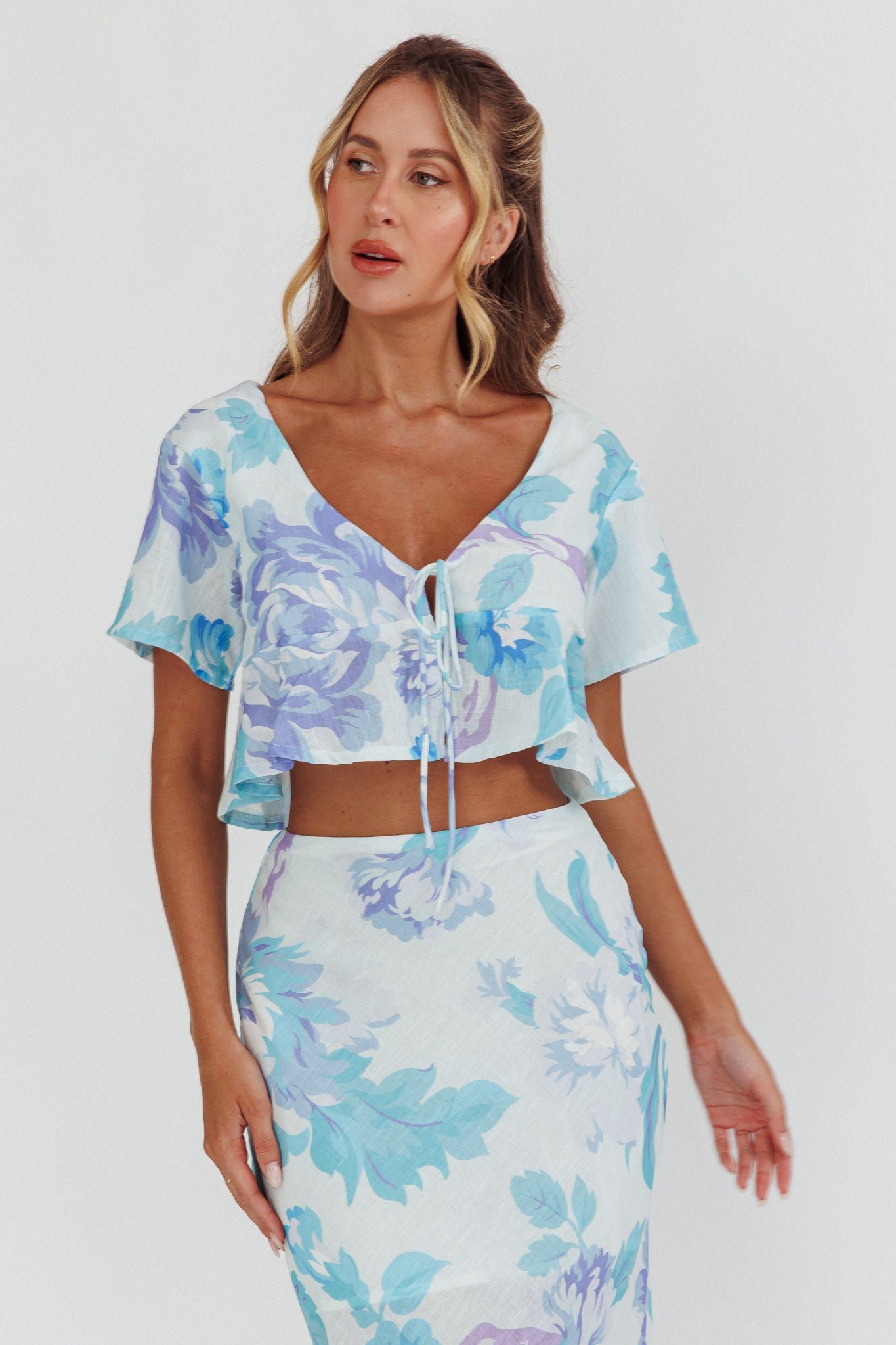 La Vie Tied Bust Crop Top Floral Blue by Selfie Leslie Australia