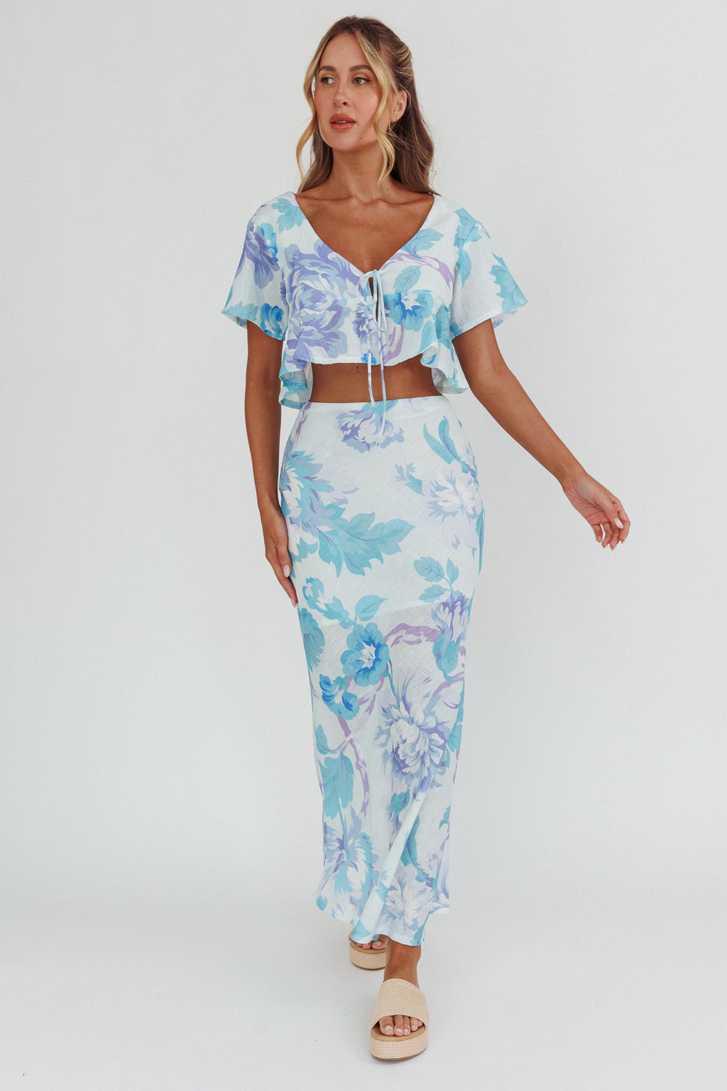 La Vie Tied Bust Crop Top Floral Blue by Selfie Leslie Australia