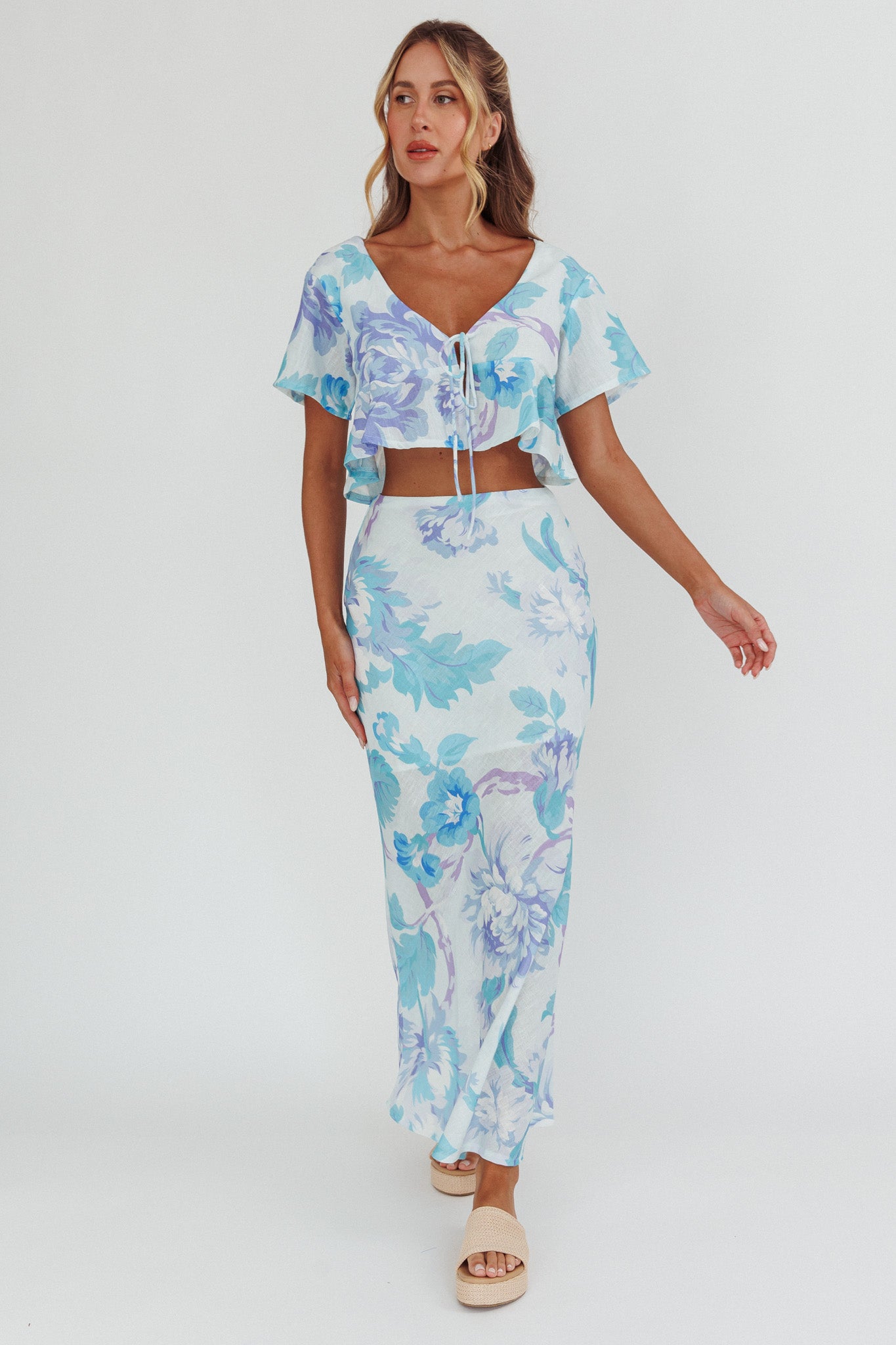 La Vie Tied Bust Crop Top Floral Blue by Selfie Leslie Australia