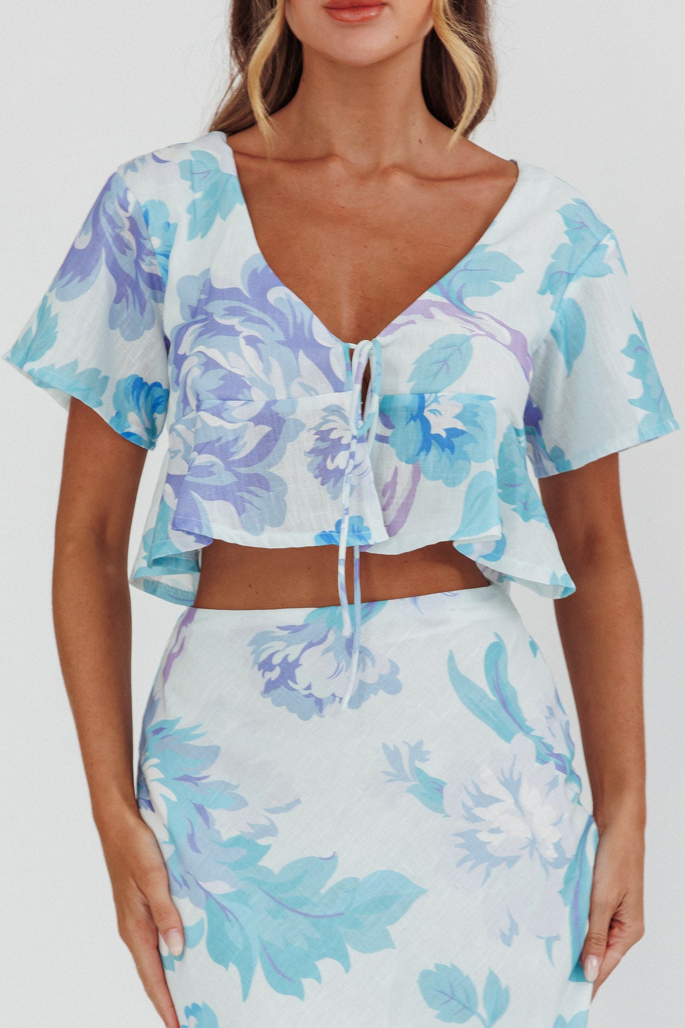 La Vie Tied Bust Crop Top Floral Blue by Selfie Leslie Australia