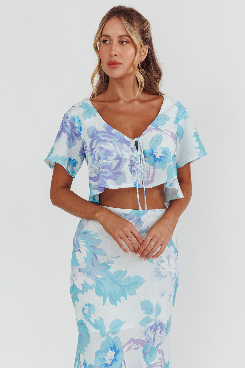 La Vie Tied Bust Crop Top Floral Blue by Selfie Leslie Australia
