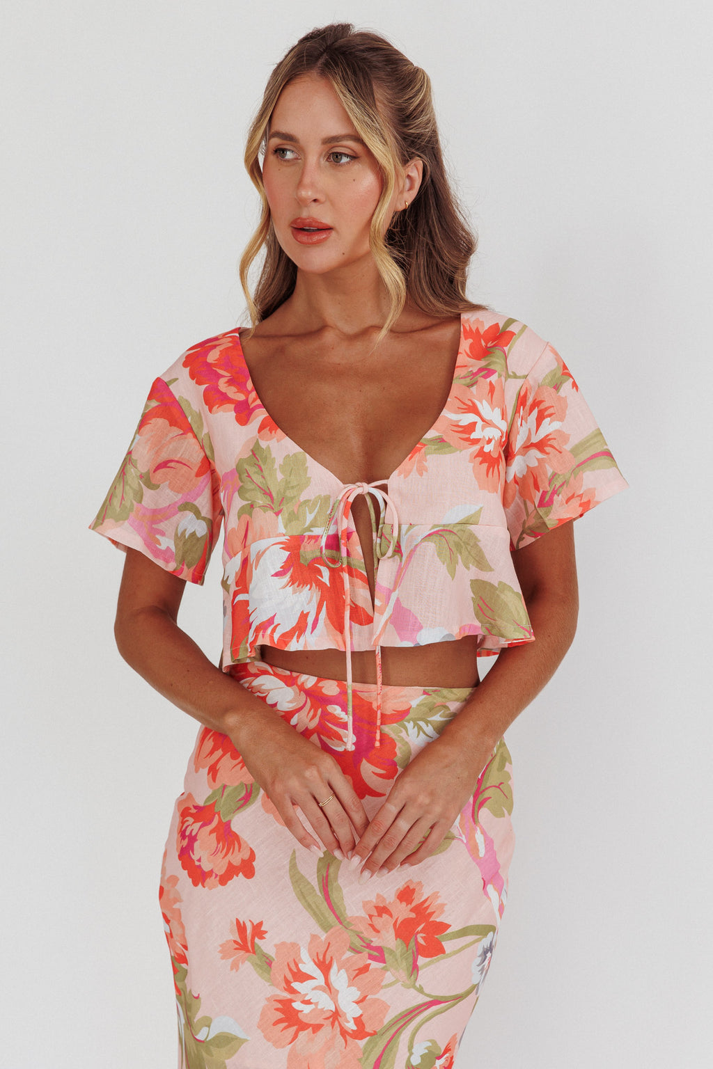 La Vie Tied Bust Crop Top Floral Peach by Selfie Leslie Australia