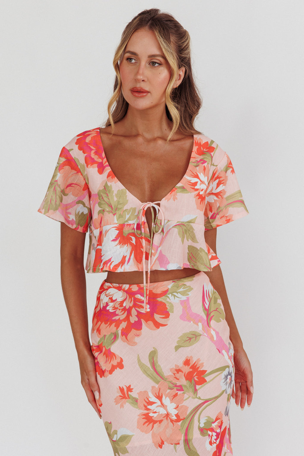 La Vie Tied Bust Crop Top Floral Peach by Selfie Leslie Australia