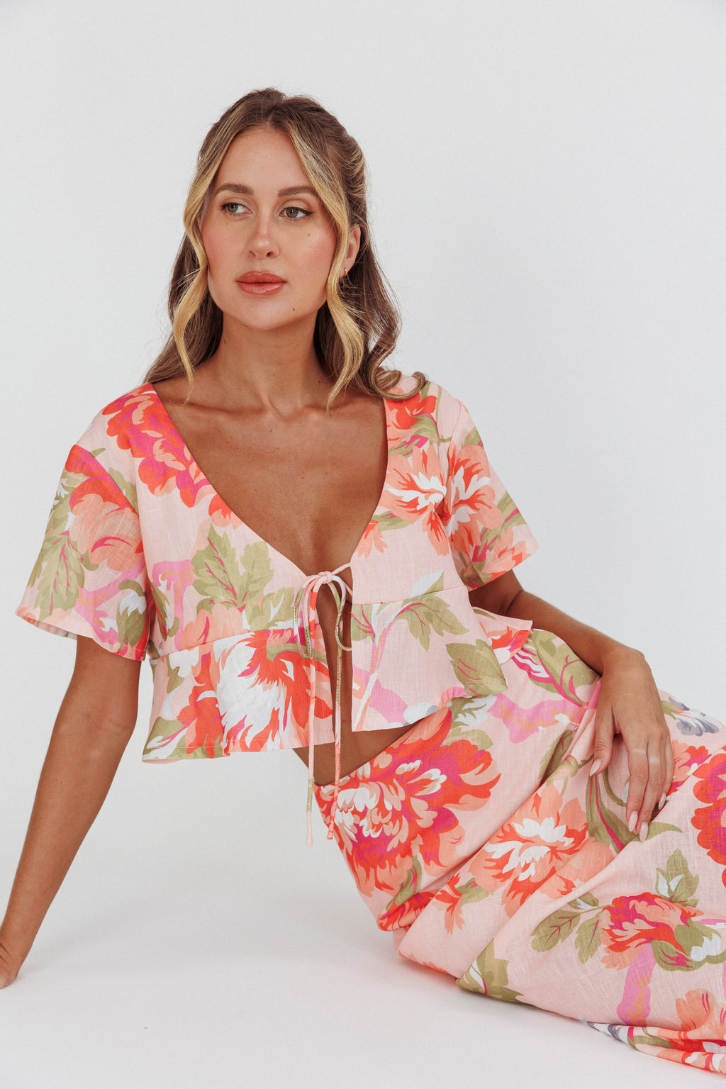 La Vie Tied Bust Crop Top Floral Peach by Selfie Leslie Australia
