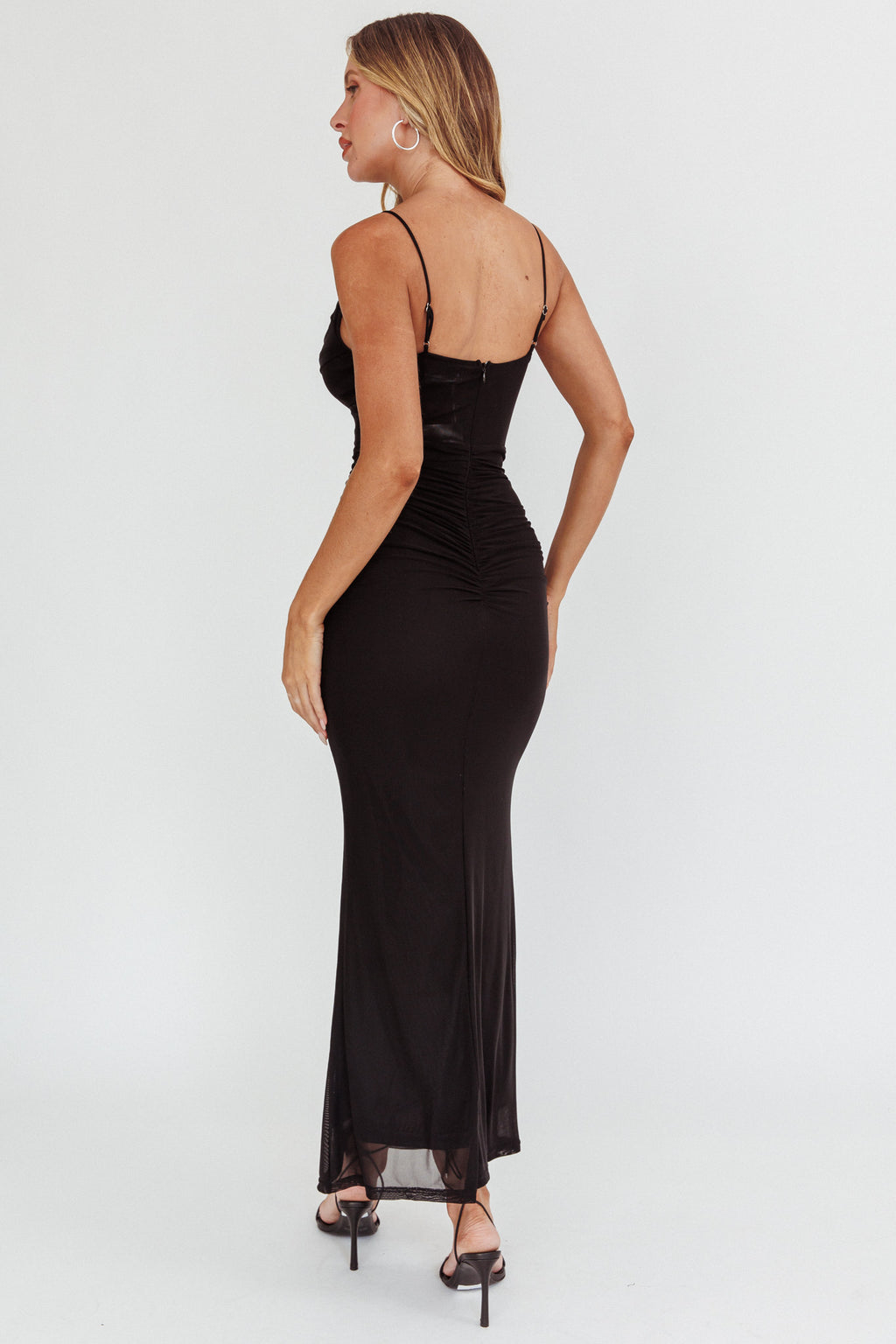 Morella Ruched Waist Mesh Maxi Dress Black by Selfie Leslie Australia