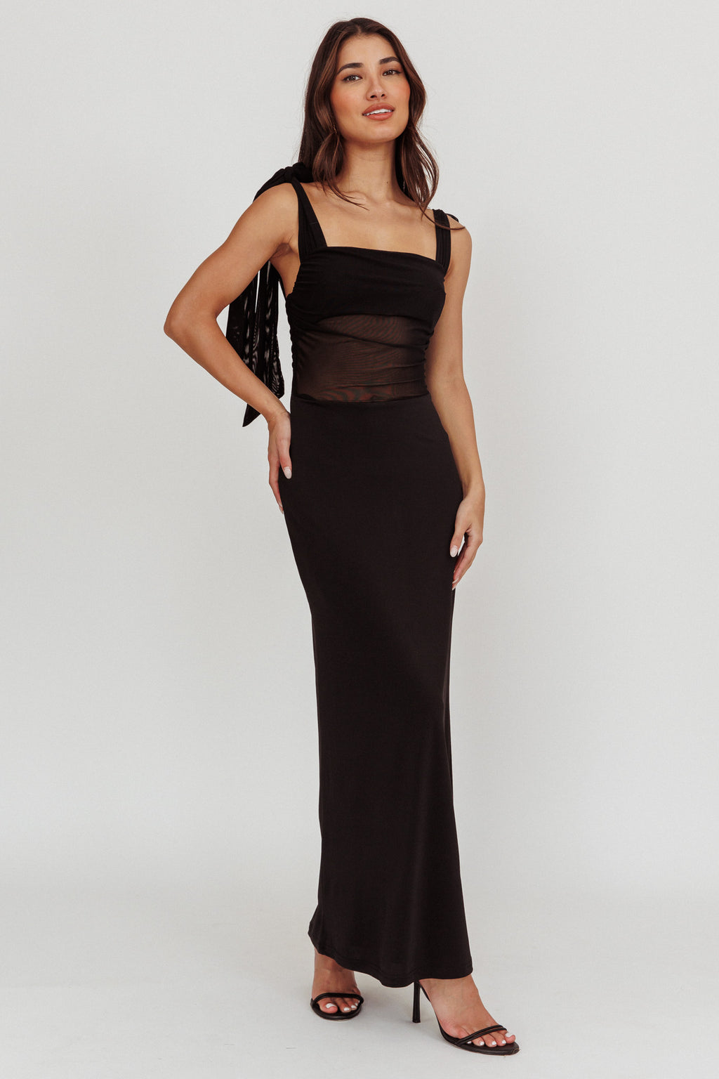 Starry Eyed Mesh Waist Maxi Dress Black by Selfie Leslie Australia