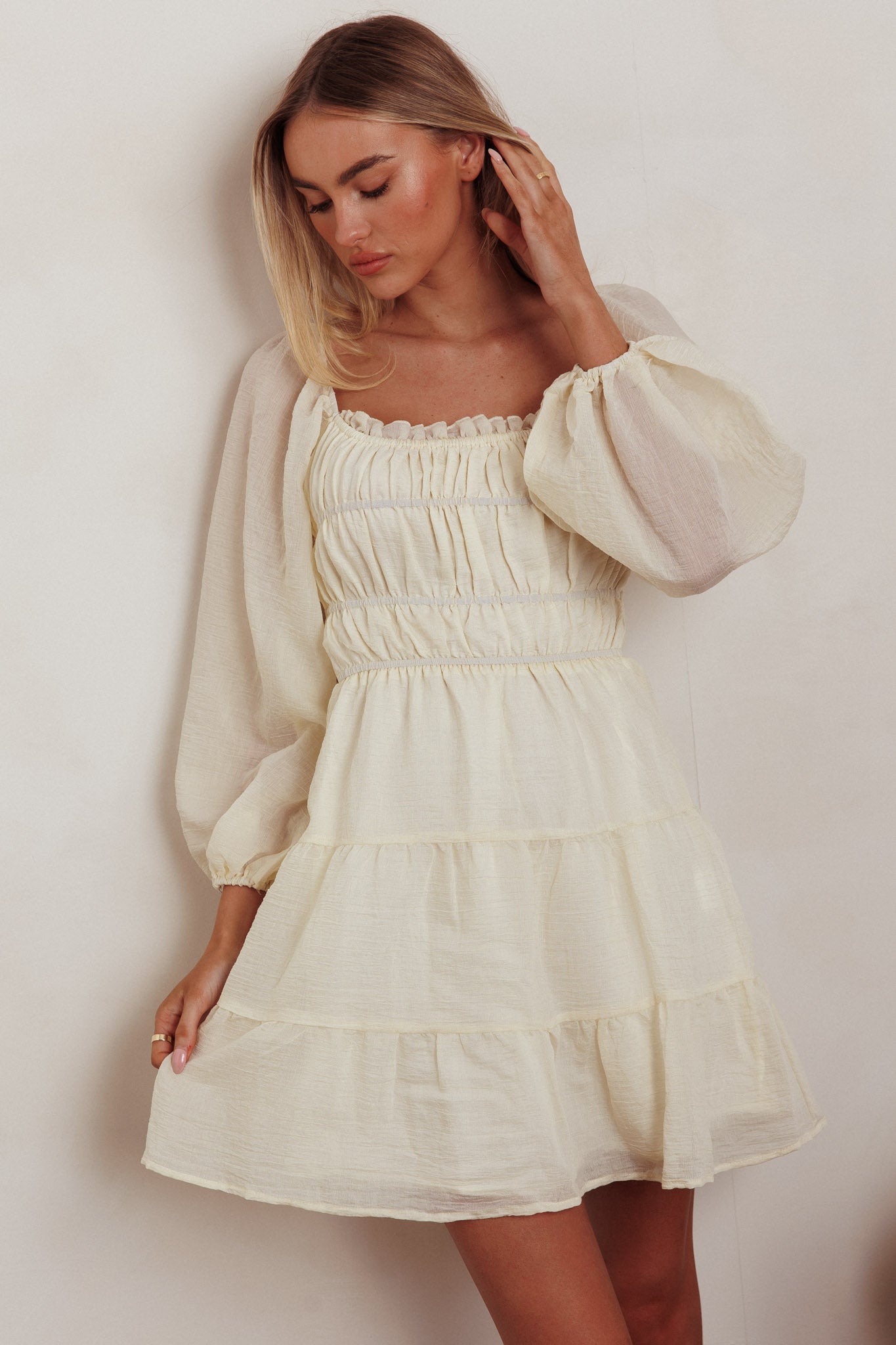 On A High Puff Sleeves Low Back Mini Dress Ivory by Selfie Leslie Australia