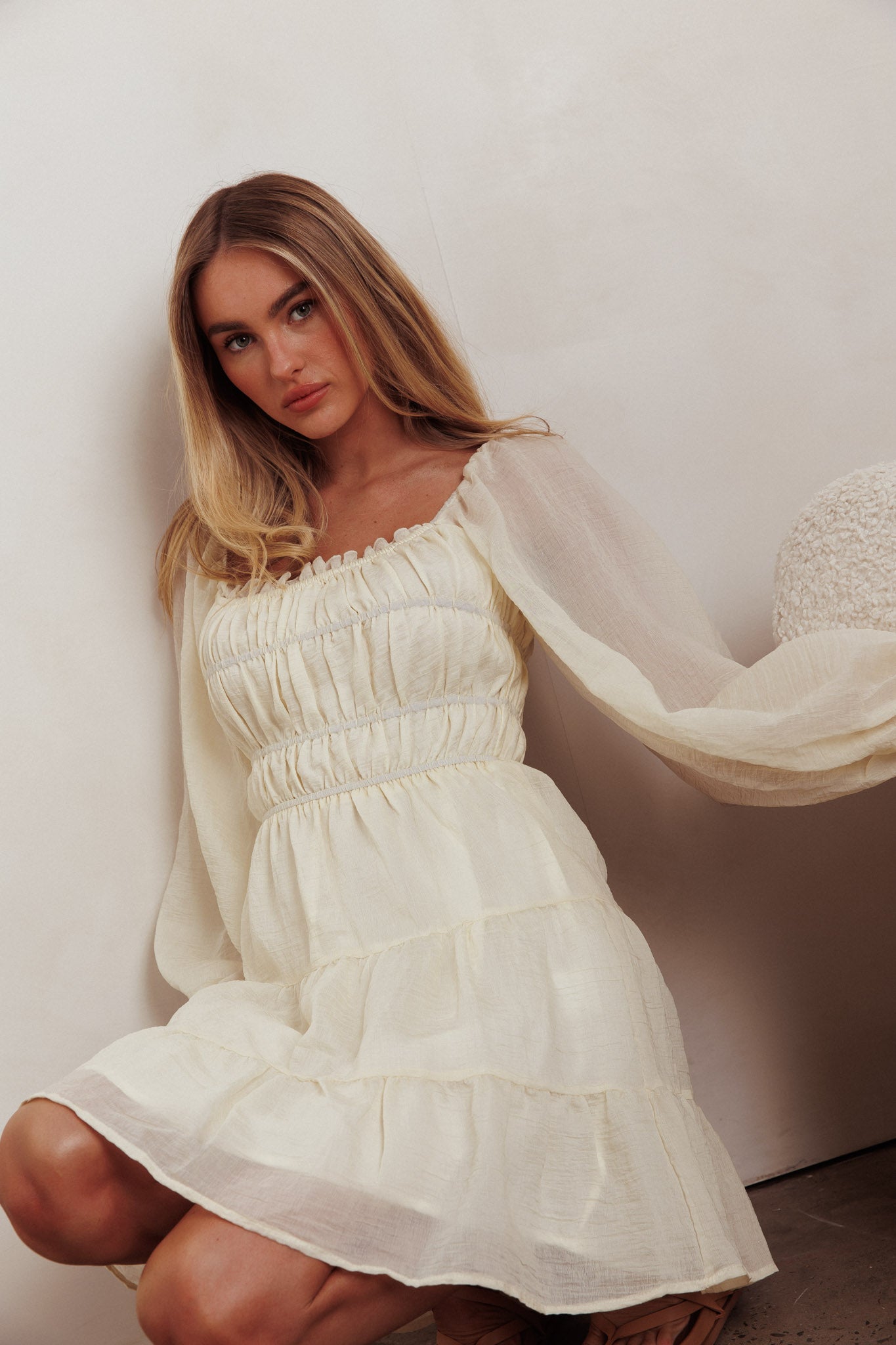 On A High Puff Sleeves Low Back Mini Dress Ivory by Selfie Leslie Australia