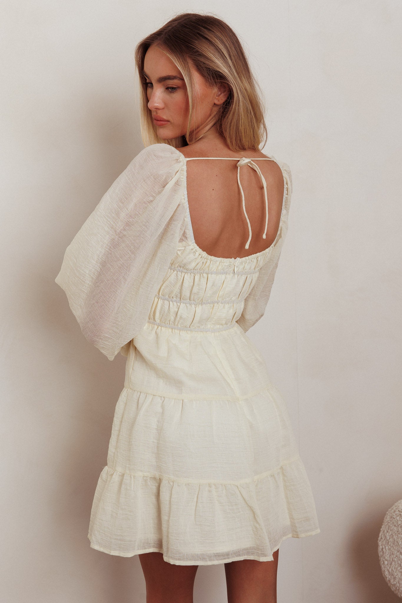 On A High Puff Sleeves Low Back Mini Dress Ivory by Selfie Leslie Australia