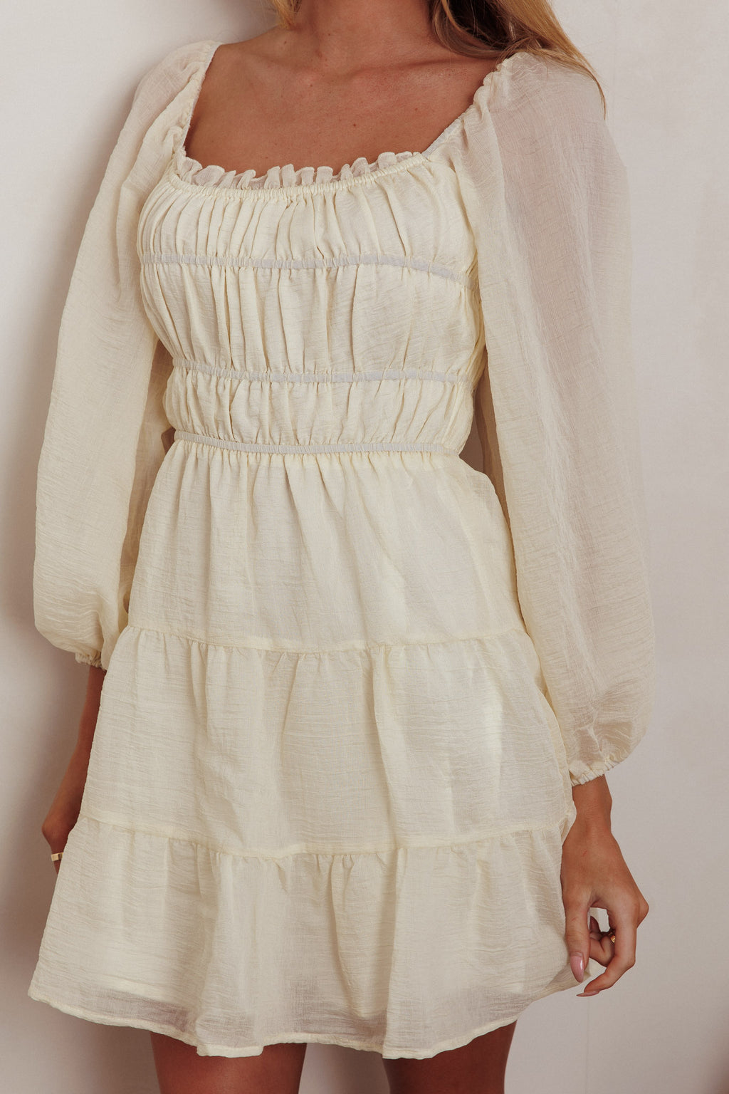 On A High Puff Sleeves Low Back Mini Dress Ivory by Selfie Leslie Australia