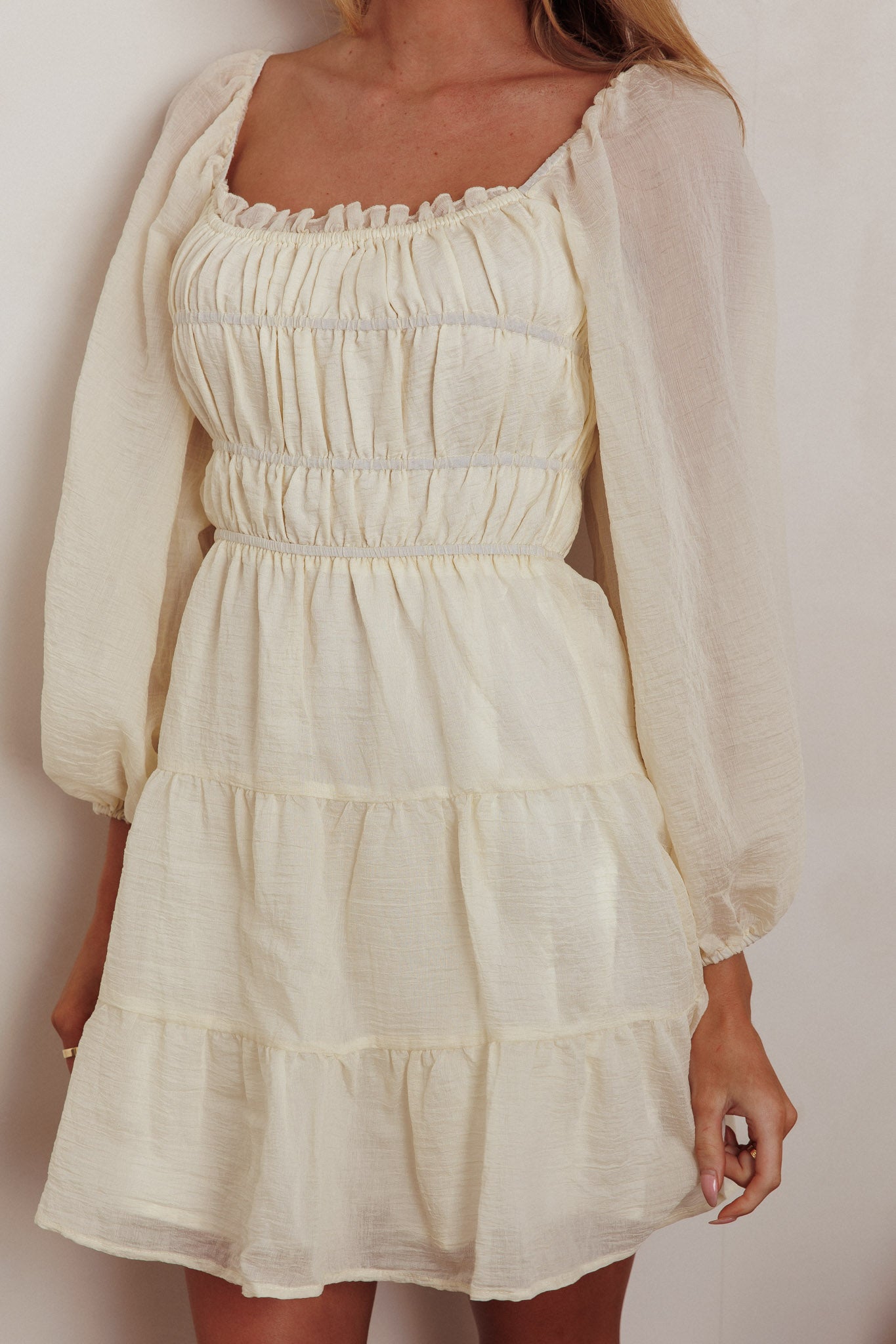 On A High Puff Sleeves Low Back Mini Dress Ivory by Selfie Leslie Australia