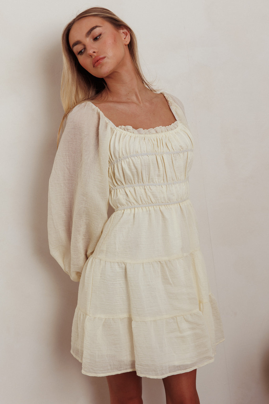 On A High Puff Sleeves Low Back Mini Dress Ivory by Selfie Leslie Australia