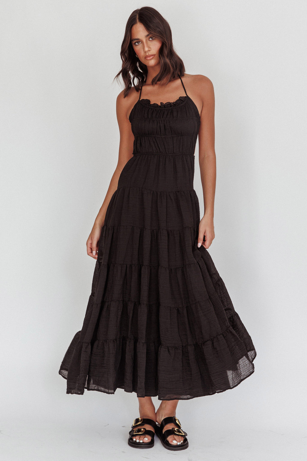 On A High Open Back Maxi Dress Black by Selfie Leslie Australia