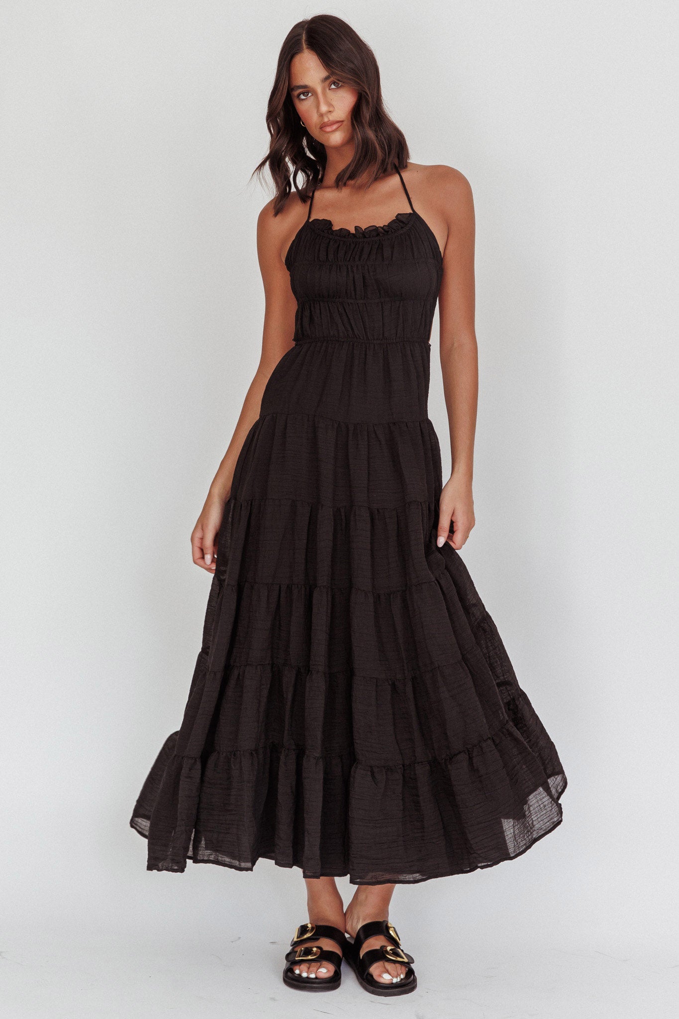 On A High Open Back Maxi Dress Black by Selfie Leslie Australia