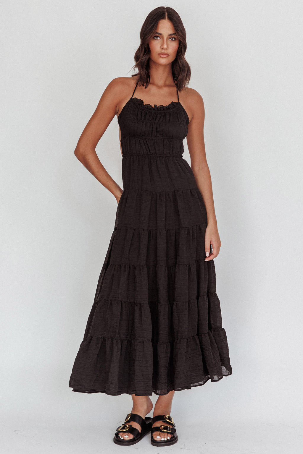 On A High Open Back Maxi Dress Black by Selfie Leslie Australia