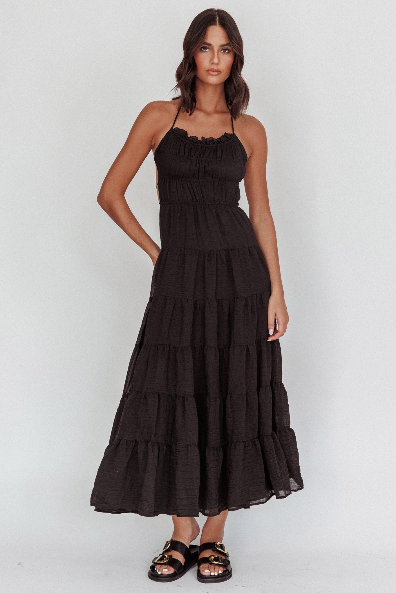 On A High Open Back Maxi Dress Black by Selfie Leslie Australia