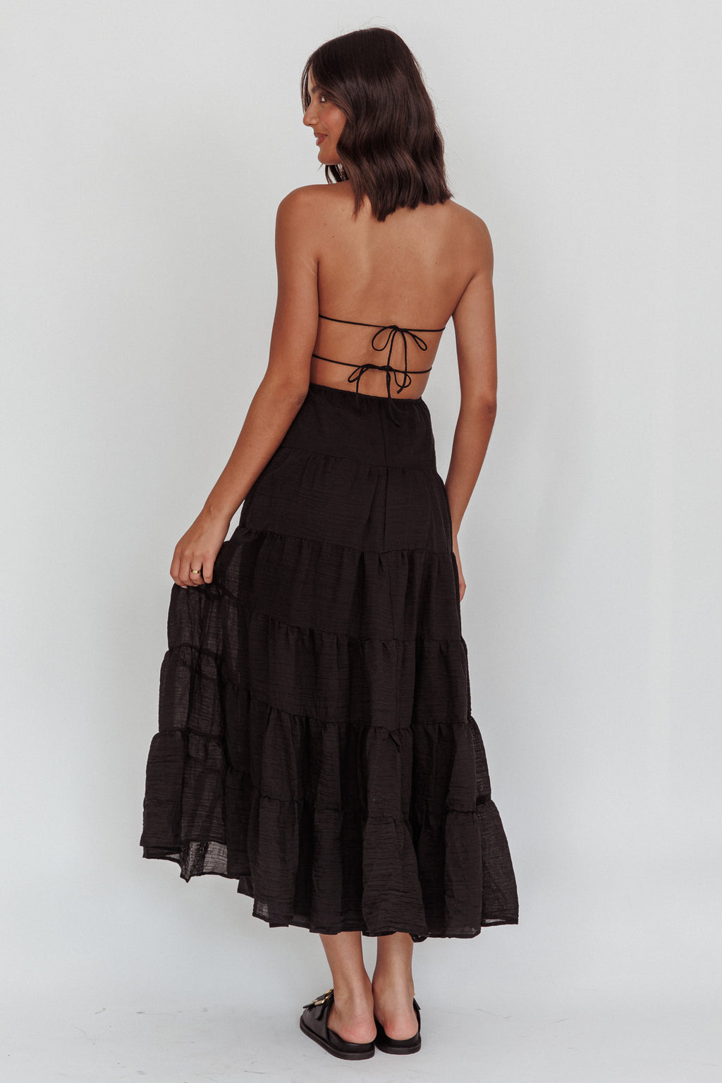 On A High Open Back Maxi Dress Black by Selfie Leslie Australia