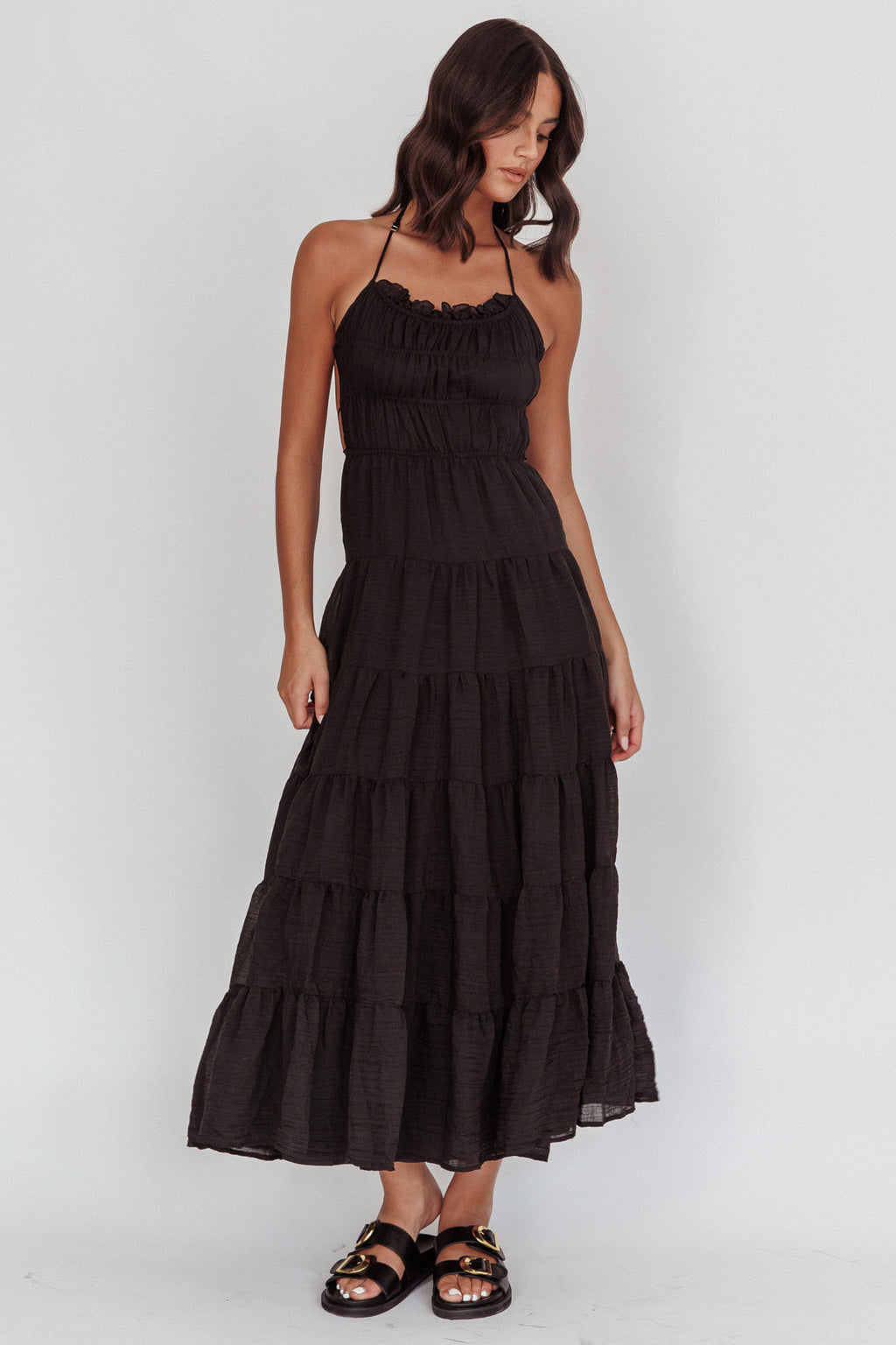 On A High Open Back Maxi Dress Black by Selfie Leslie Australia