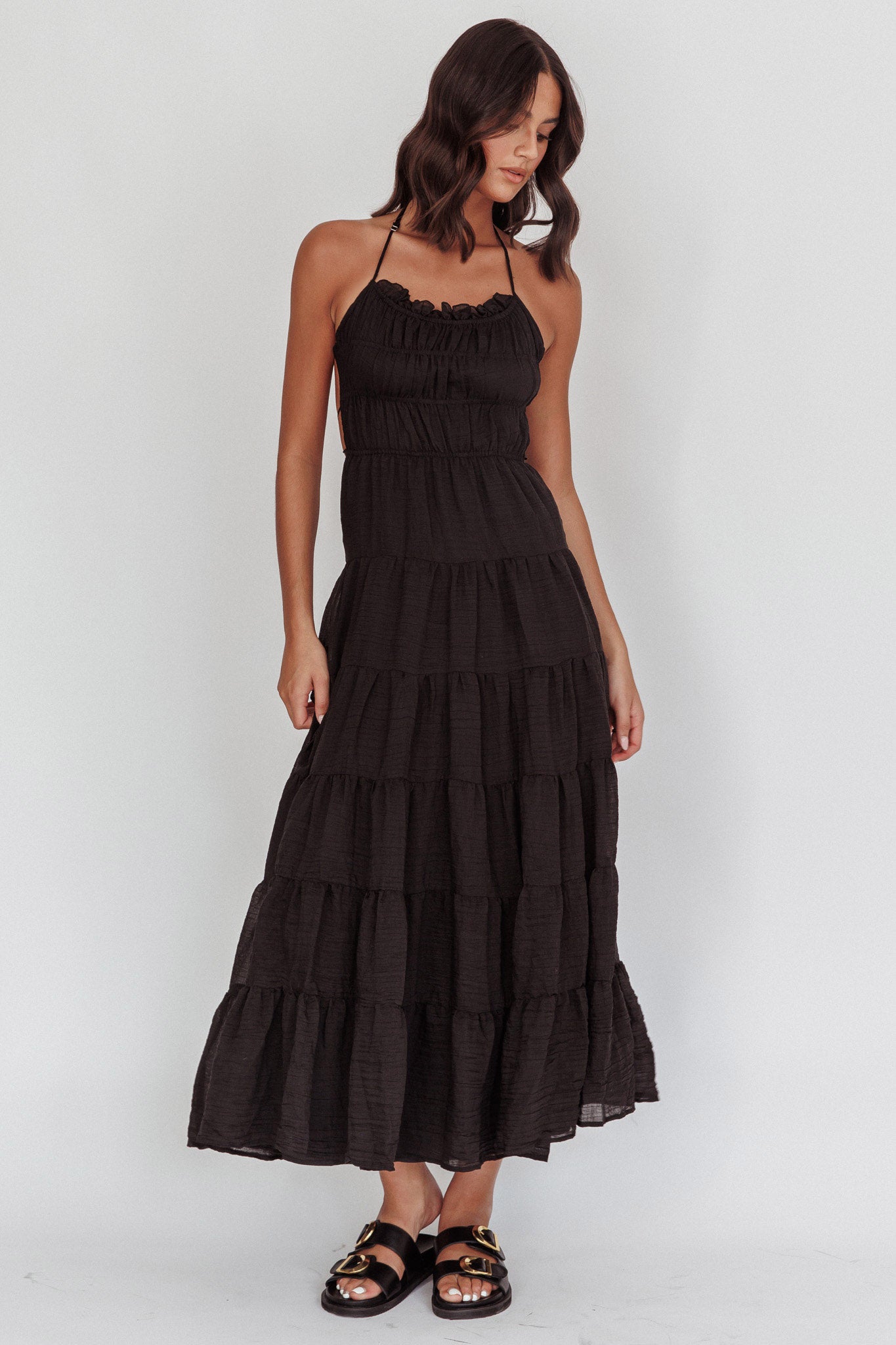 On A High Open Back Maxi Dress Black by Selfie Leslie Australia