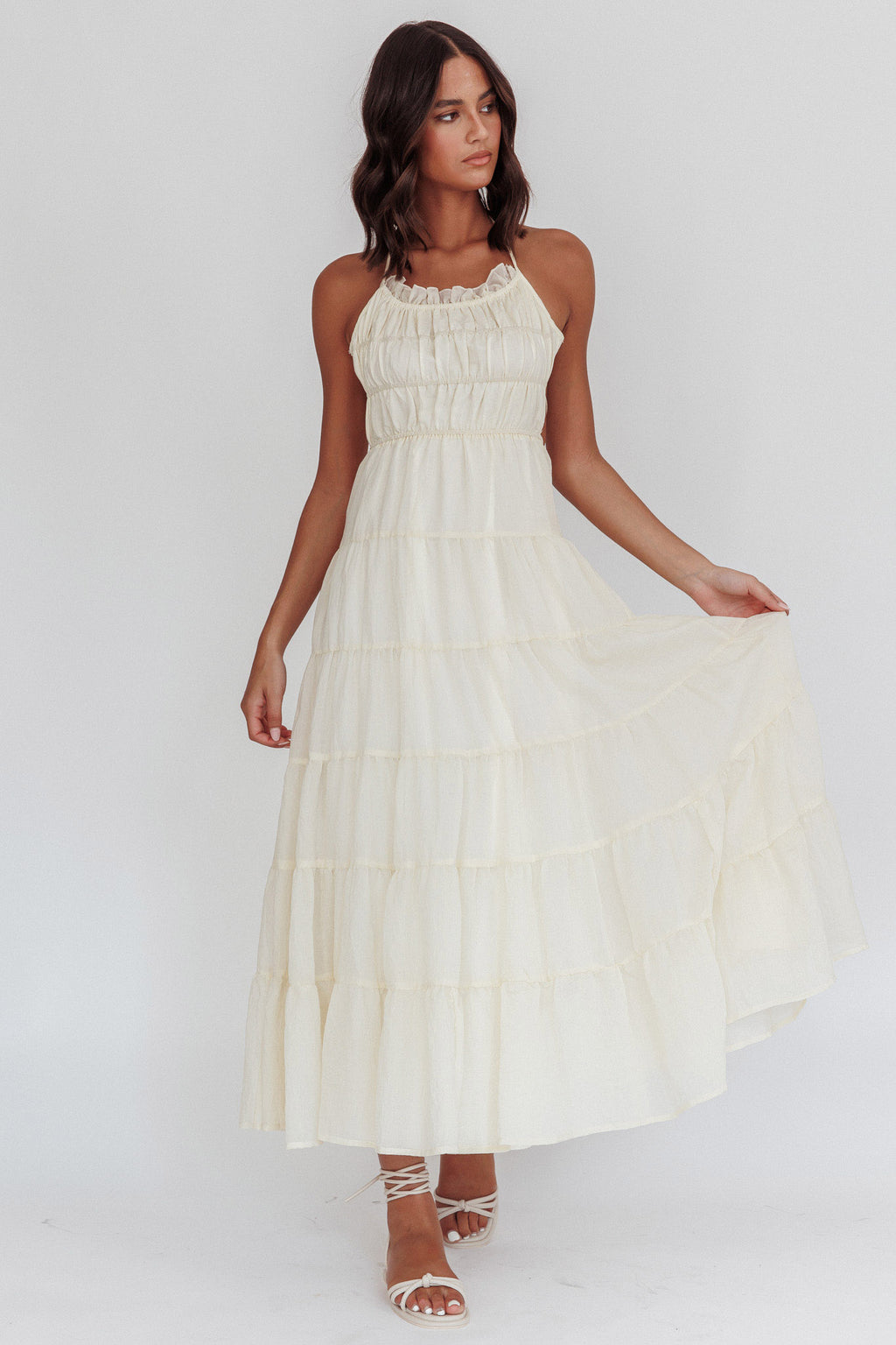 On A High Open Back Maxi Dress Ivory by Selfie Leslie Australia