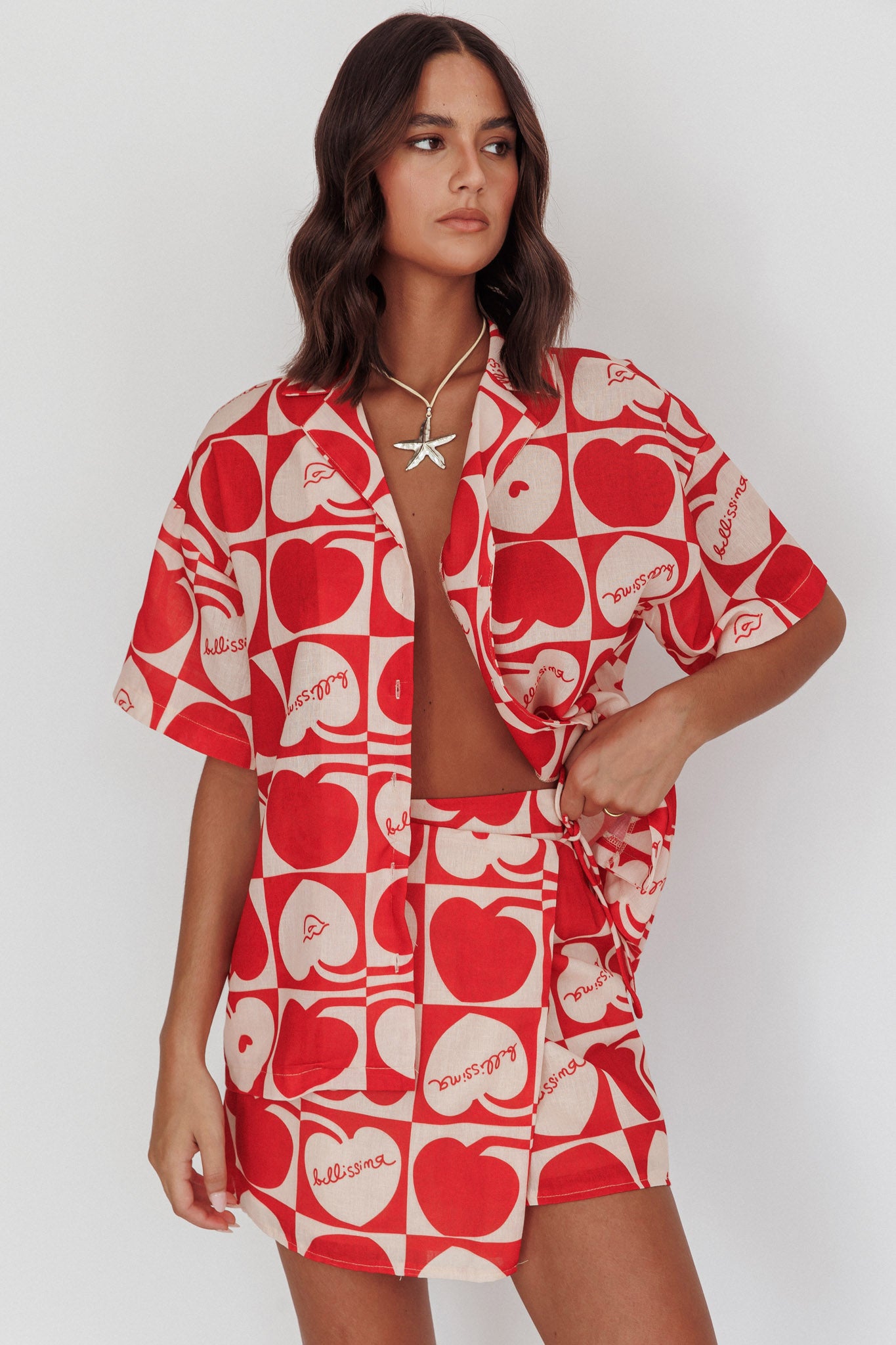 Ithaca Cherry Print Mini Wrap Skirt Red Beige by Selfie Leslie Australia