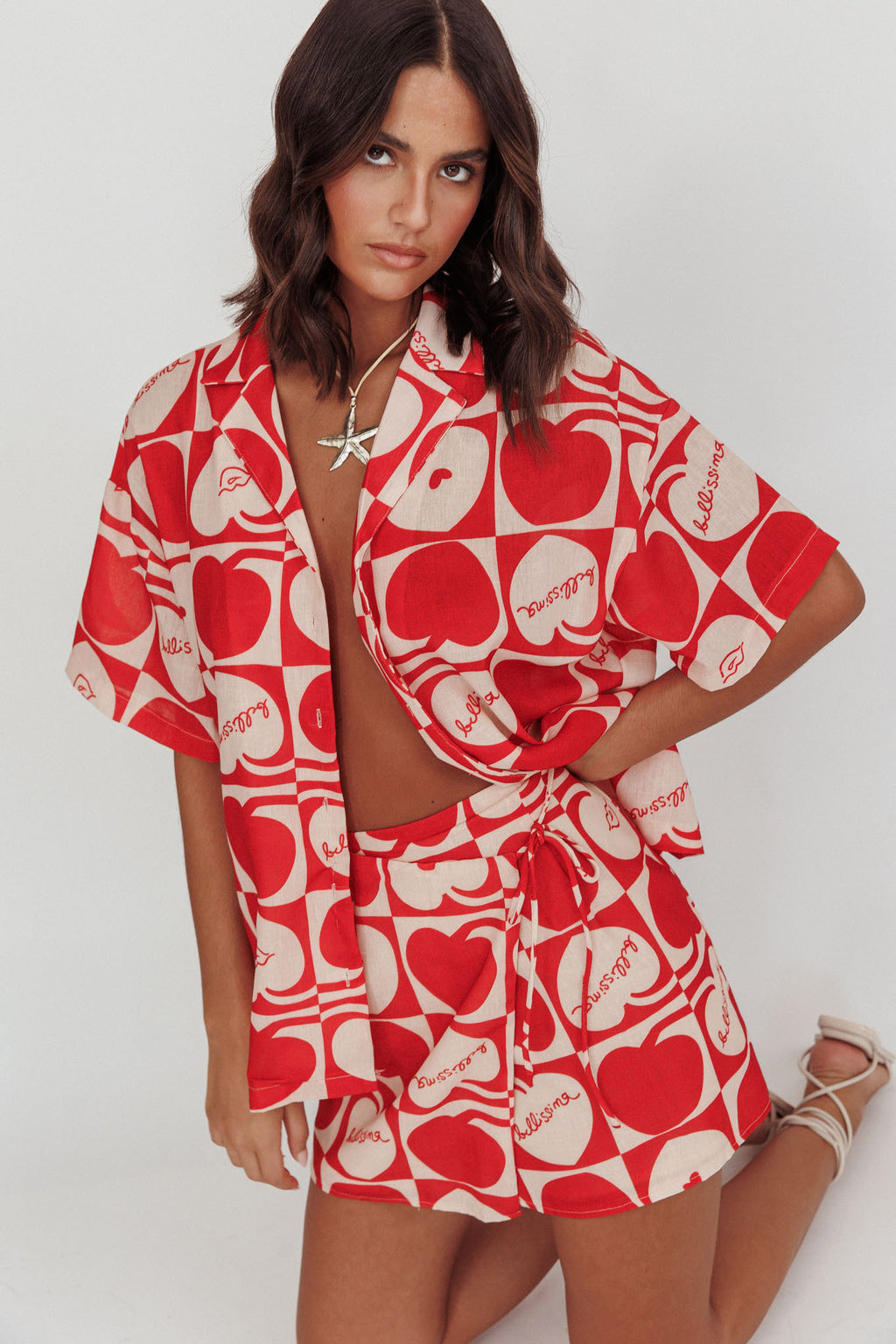 Ithaca Cherry Print Mini Wrap Skirt Red Beige by Selfie Leslie Australia