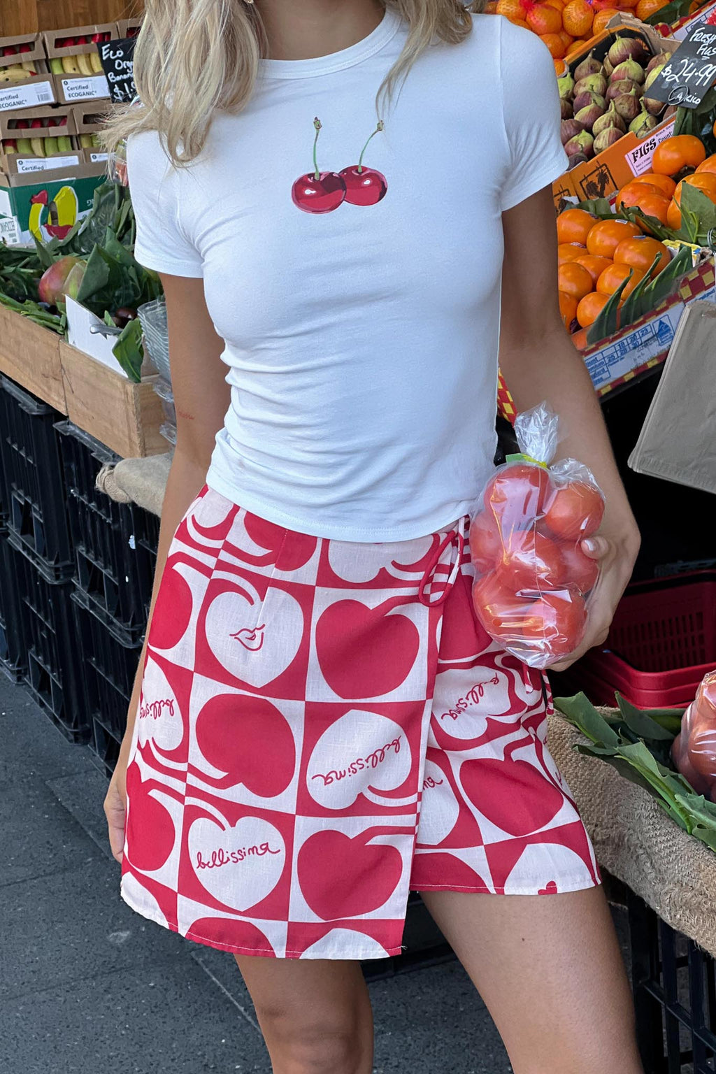 Ithaca Cherry Print Mini Wrap Skirt Red Beige by Selfie Leslie Australia