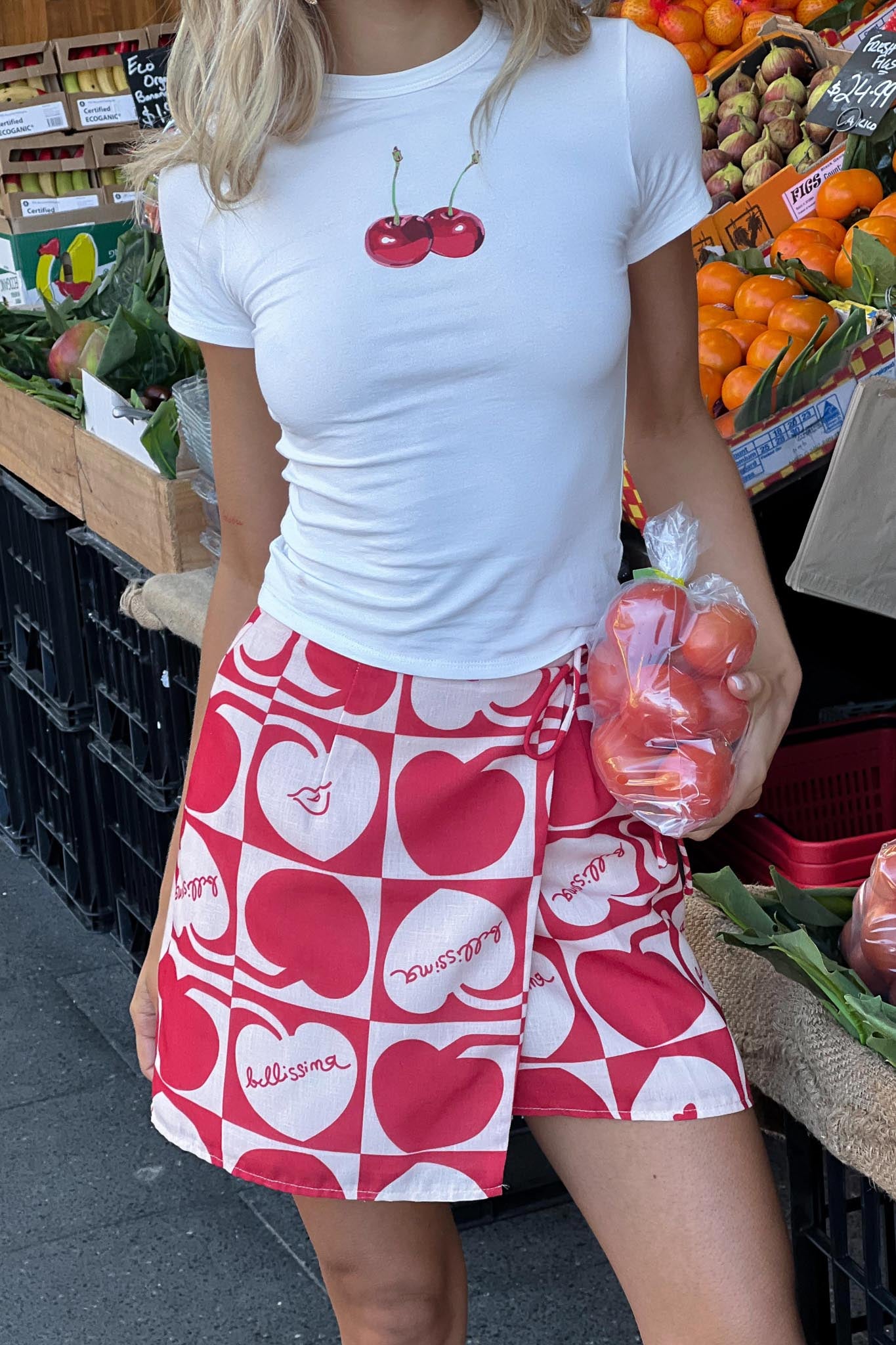 Ithaca Cherry Print Mini Wrap Skirt Red Beige by Selfie Leslie Australia