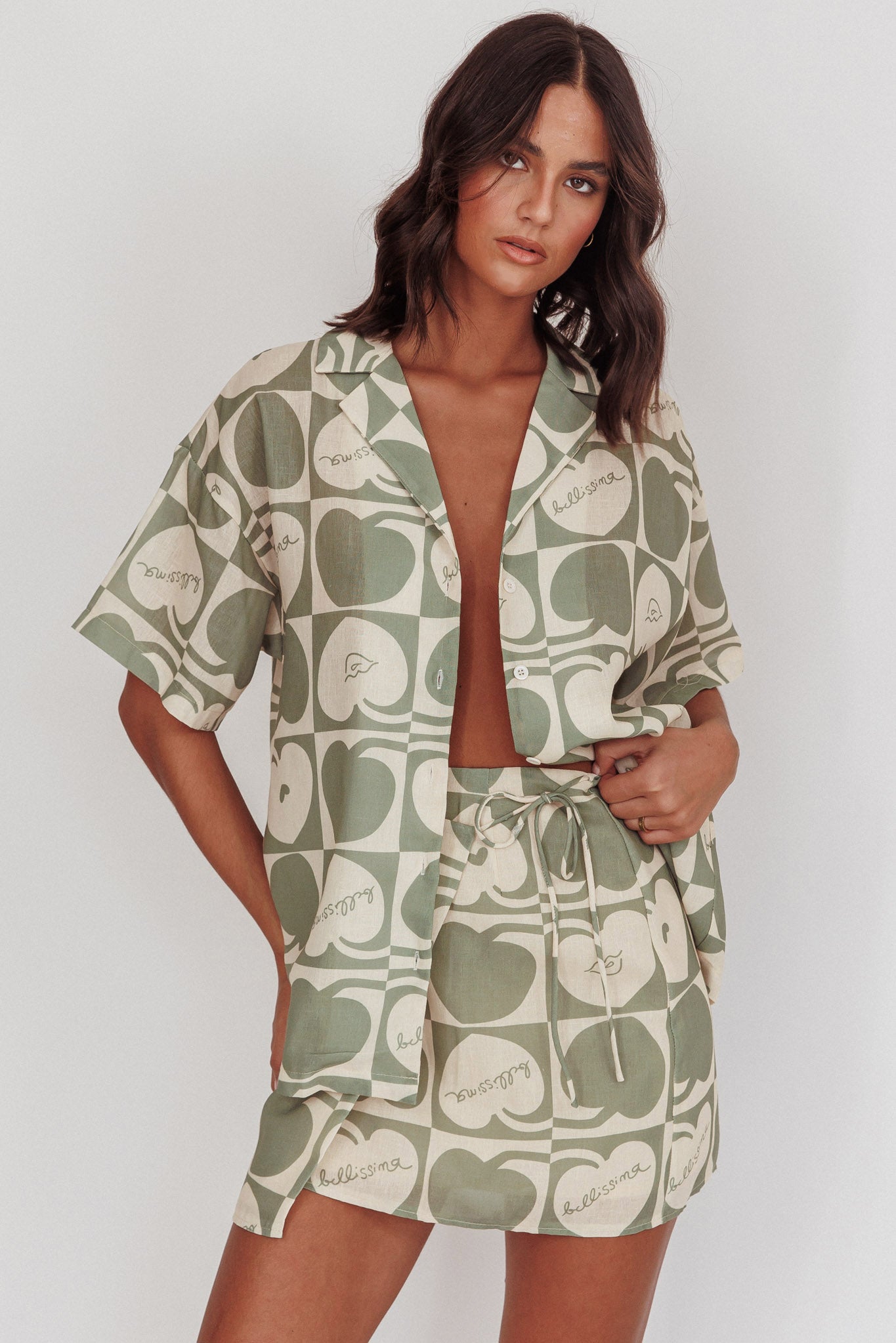 Ithaca Cherry Print Mini Wrap Skirt Sage Beige by Selfie Leslie Australia