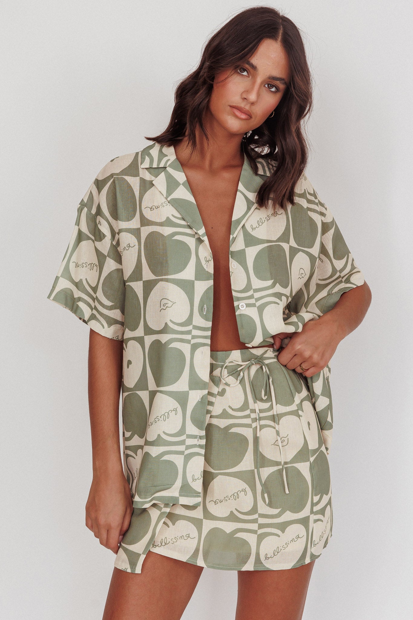 Ithaca Cherry Print Mini Wrap Skirt Sage Beige by Selfie Leslie Australia