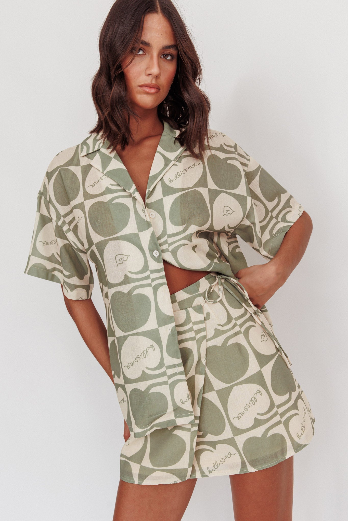 Ithaca Cherry Print Mini Wrap Skirt Sage Beige by Selfie Leslie Australia