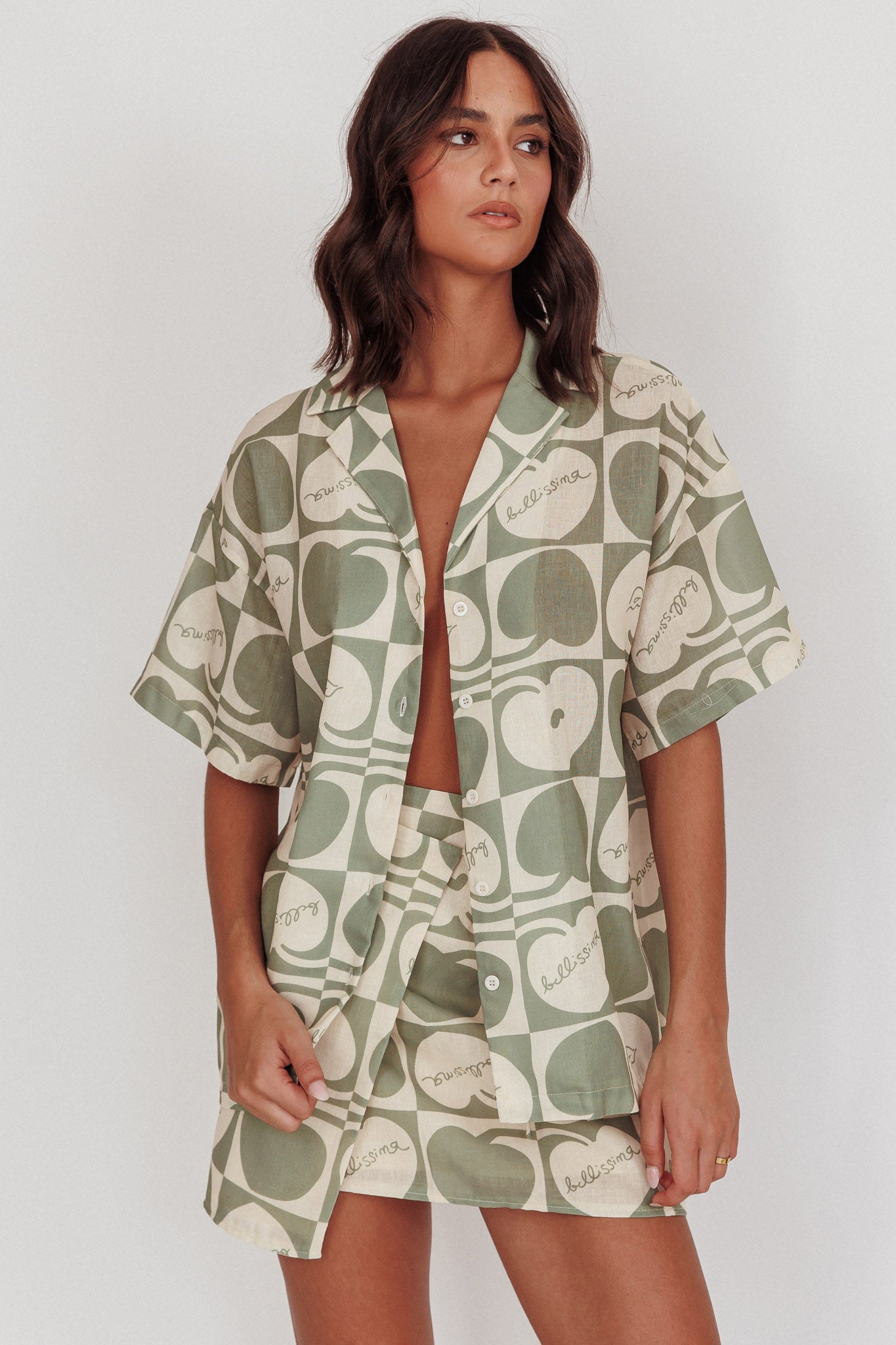 Ithaca Cherry Print Short Sleeve Shirt Sage Beige by Selfie Leslie Australia